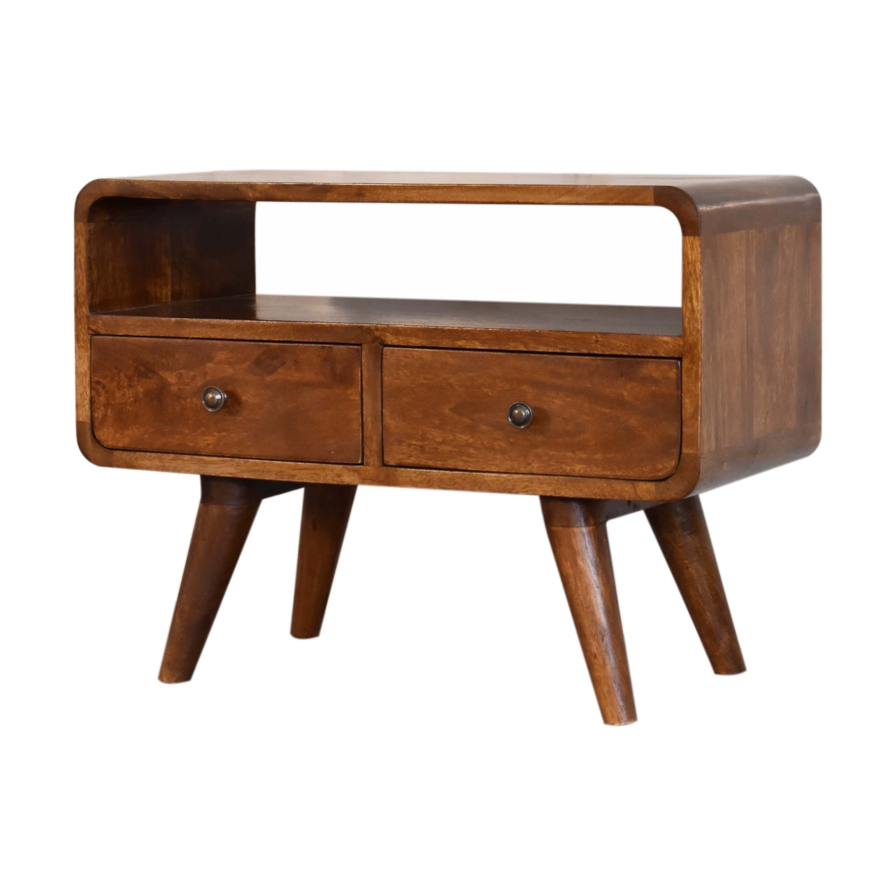 Solid Wood Mini Chestnut Curved Media Unit, 2 Drawers and Open Slot, Dark Brown