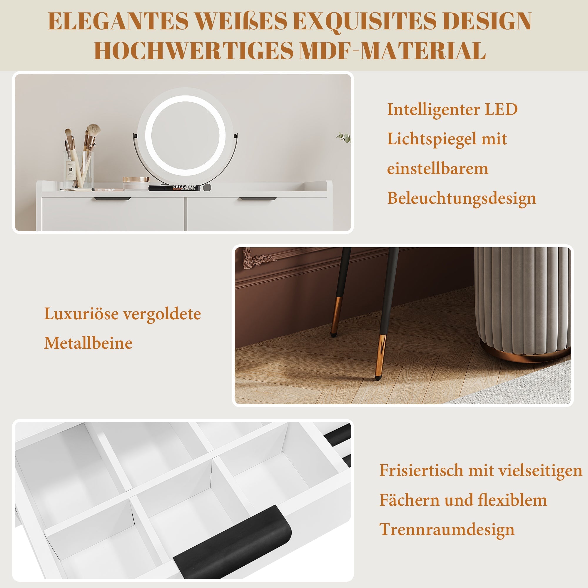 Dressing Table with Adjustable LED Mirror, 5 Drawers and Pull-out Side Cabinets, White Wood