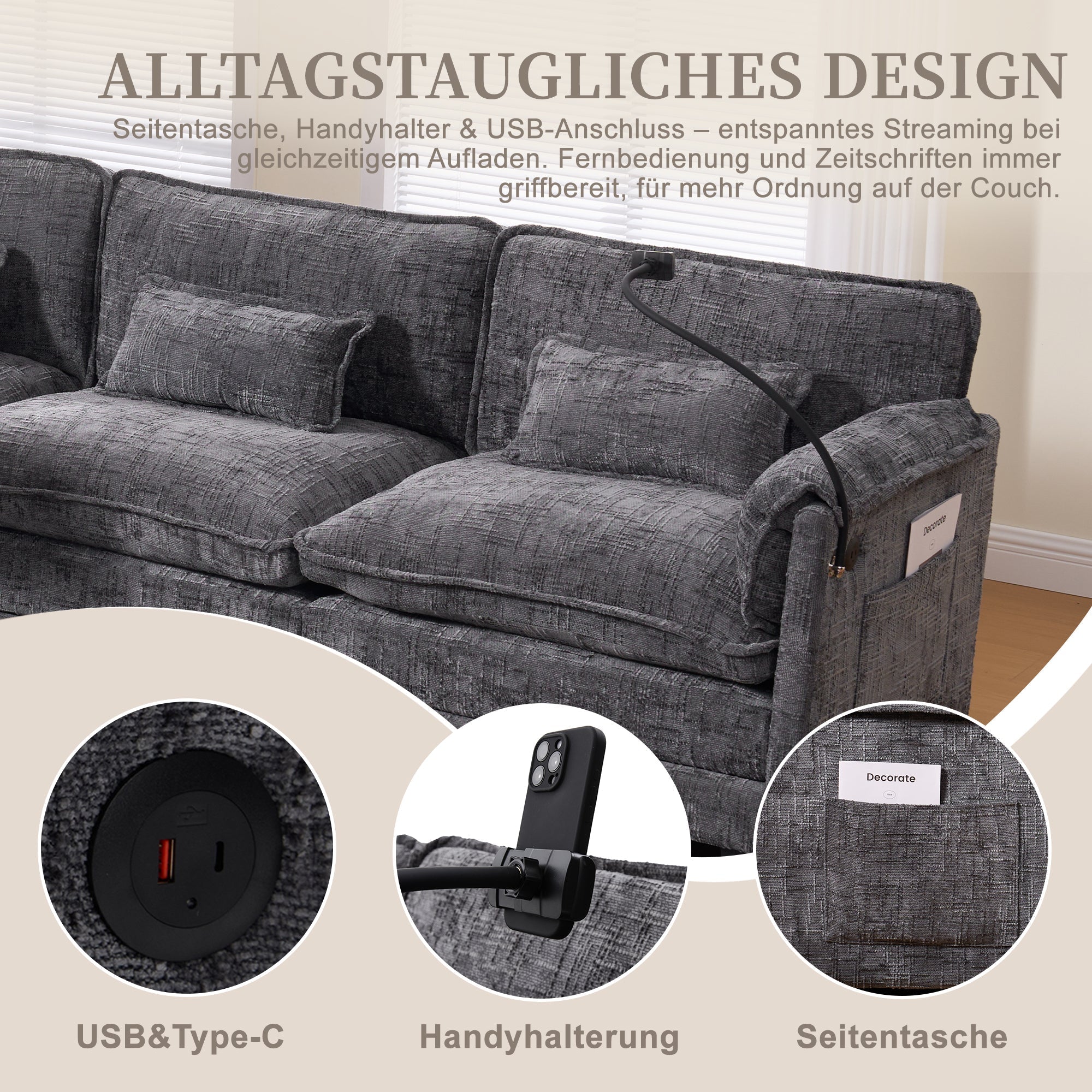 Modern 2-Seater Sofa USB Port Storage Footstool Memory Foam - Chenille Grey