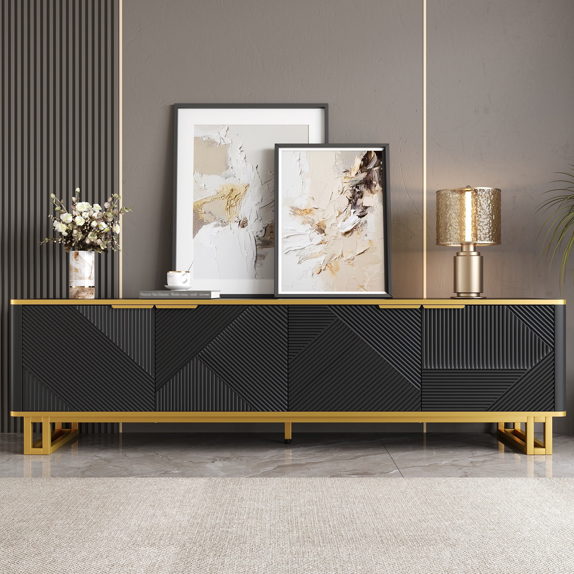 Low TV Stand 4 Doors Geometric Texture 160cm