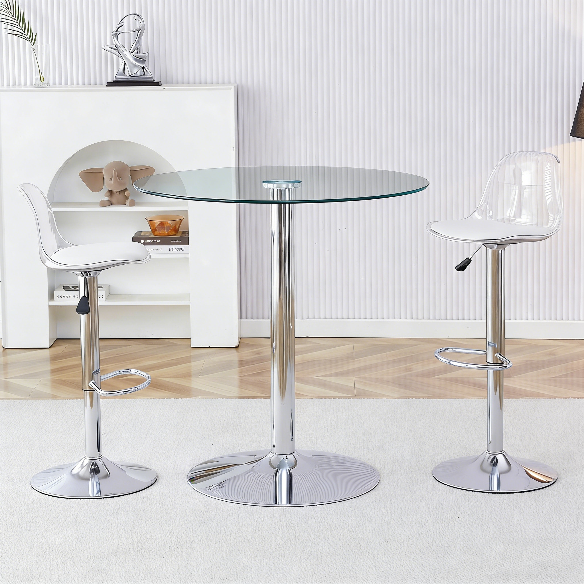 Flexible Bar Set 89cm Glass Table with 2 Height-Adjustable Swivel Stools Silver Legs