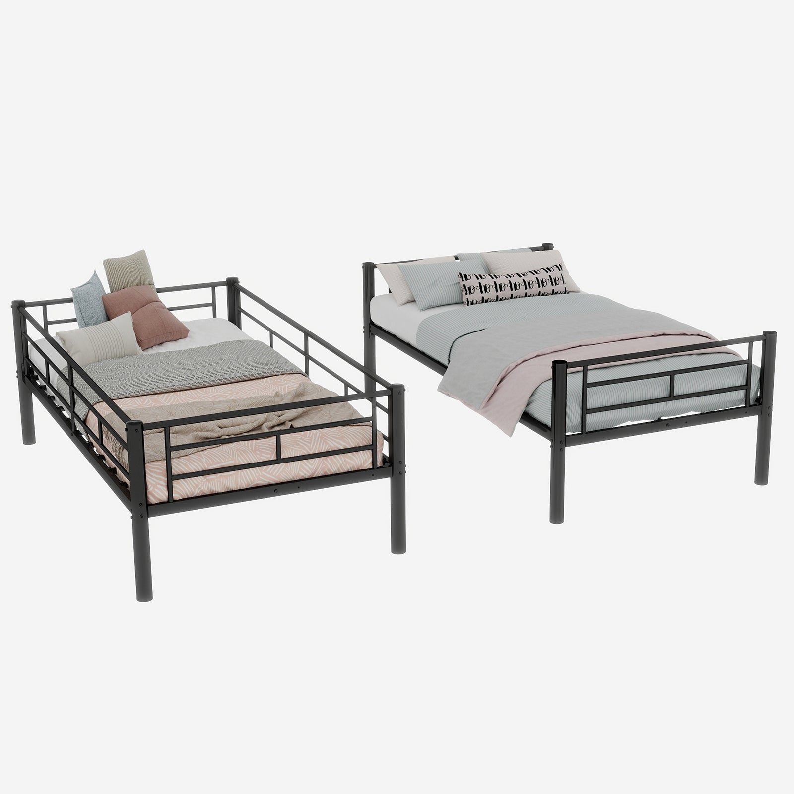 Twin over Twin Bunk Bed Convertible 2 Beds Ladders Railings, Metal Structure
