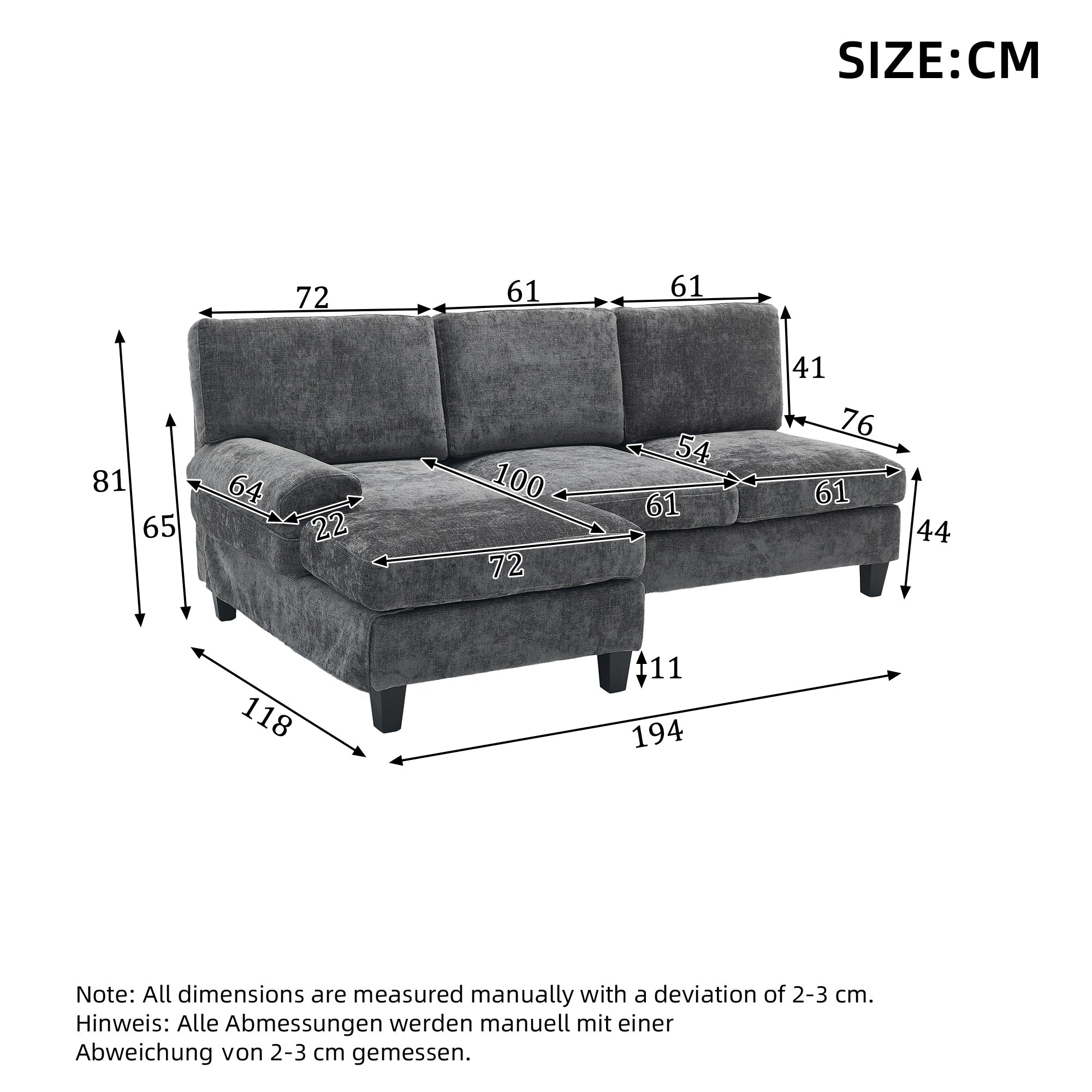 Upholstered L-Shaped Sleeper Sofa 3-Seater Corner 194x118x81cm - Grey