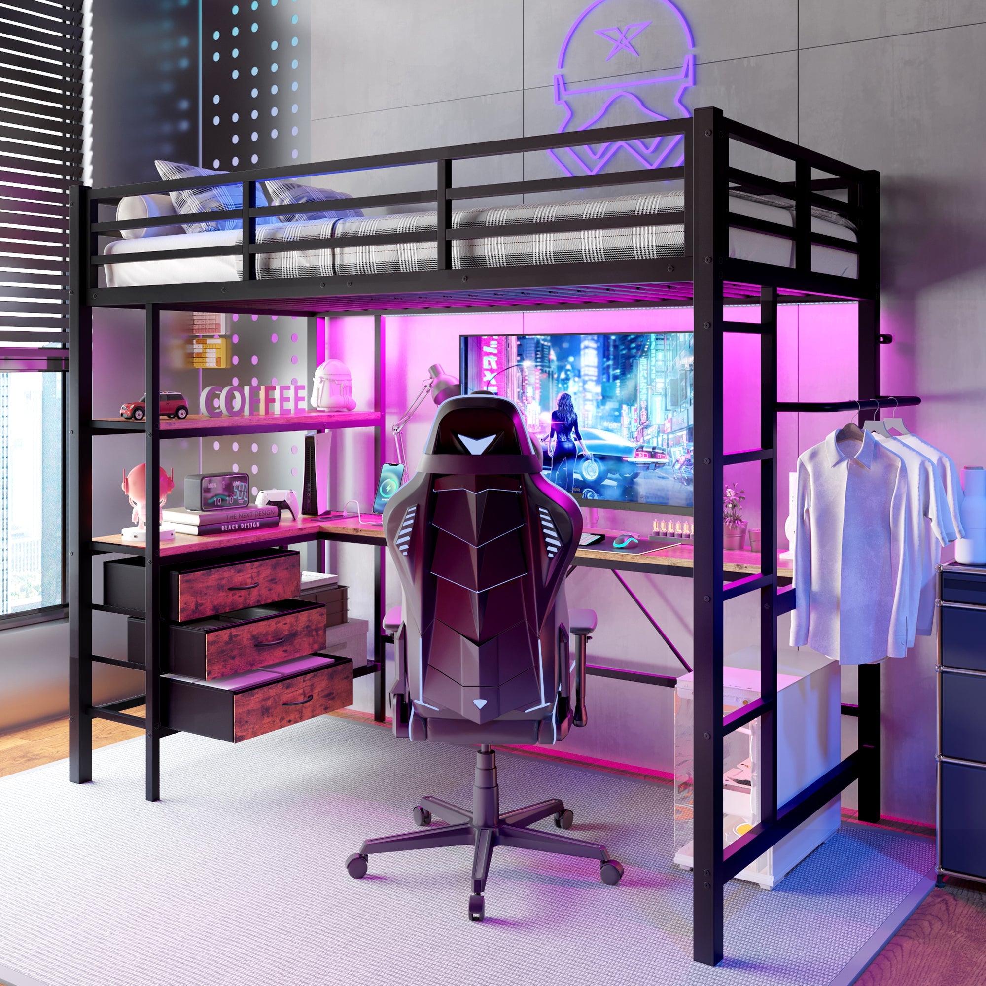 Loft Bed 90x200cm LED Lights, Desk, USB Port, 3 Drawers, Black