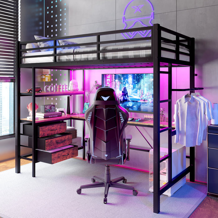 Loft Bed 90x200cm LED Lights, Desk, USB Port, 3 Drawers, Black