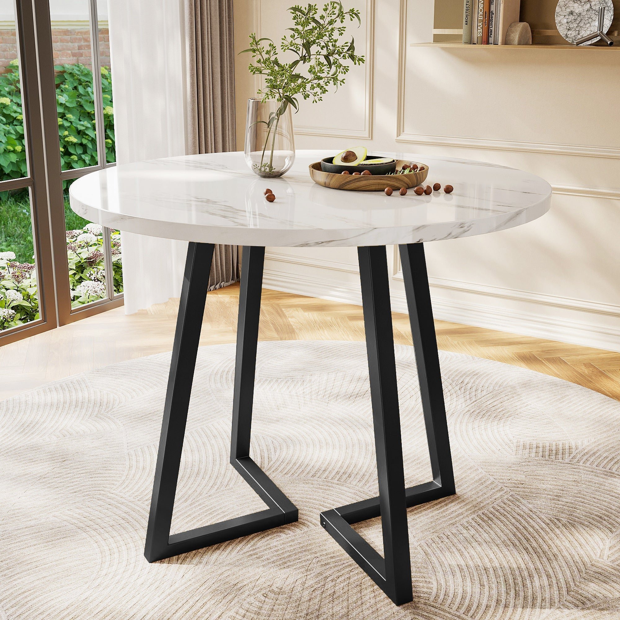 Round Dining Table, Modern Marble Pattern, Unique Metal Frame, White/Black