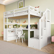 Loft Bed with Integrated Desk and Storage Ladder, 90x200cm, White