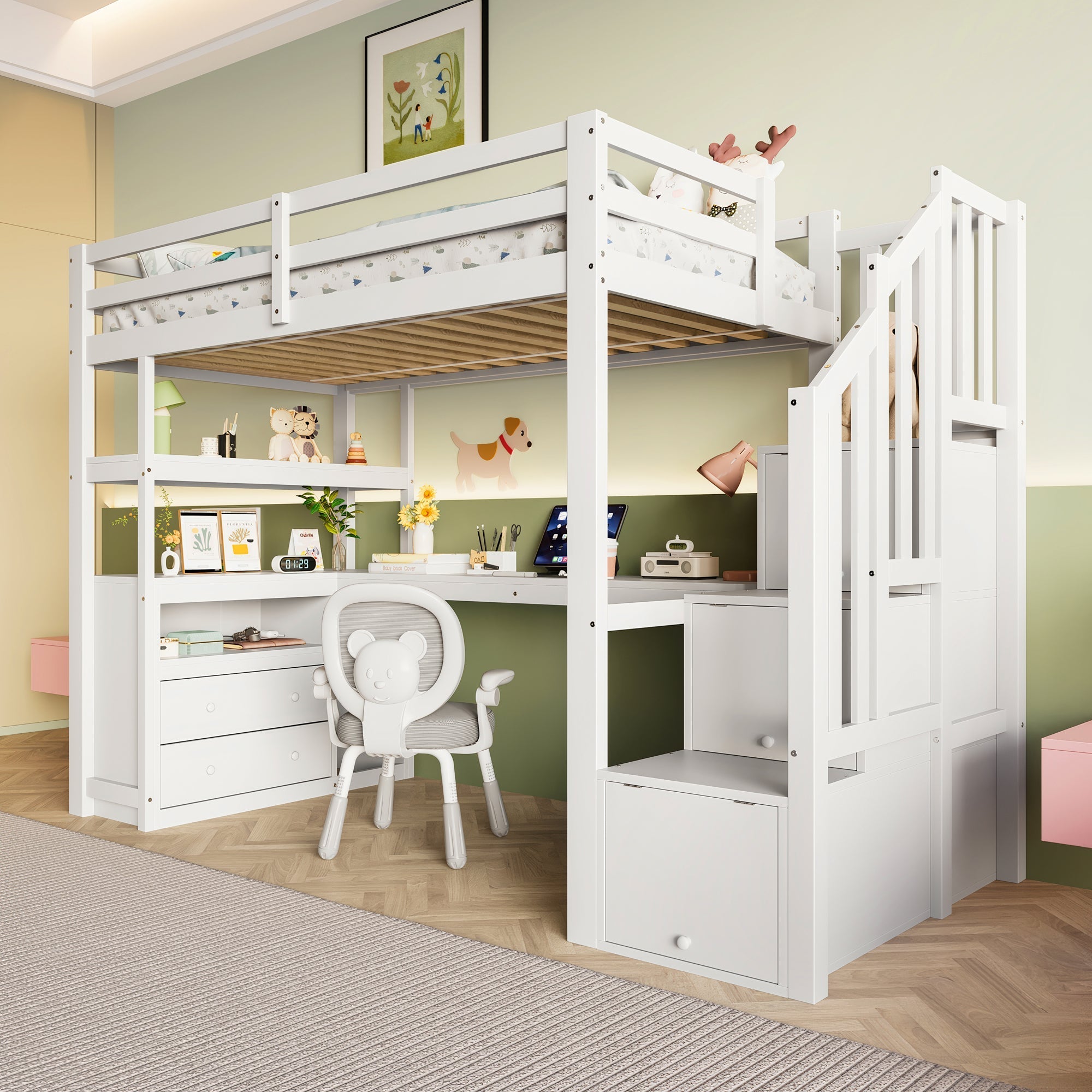 Loft Bed with Integrated Desk and Storage Ladder, 90x200cm, White