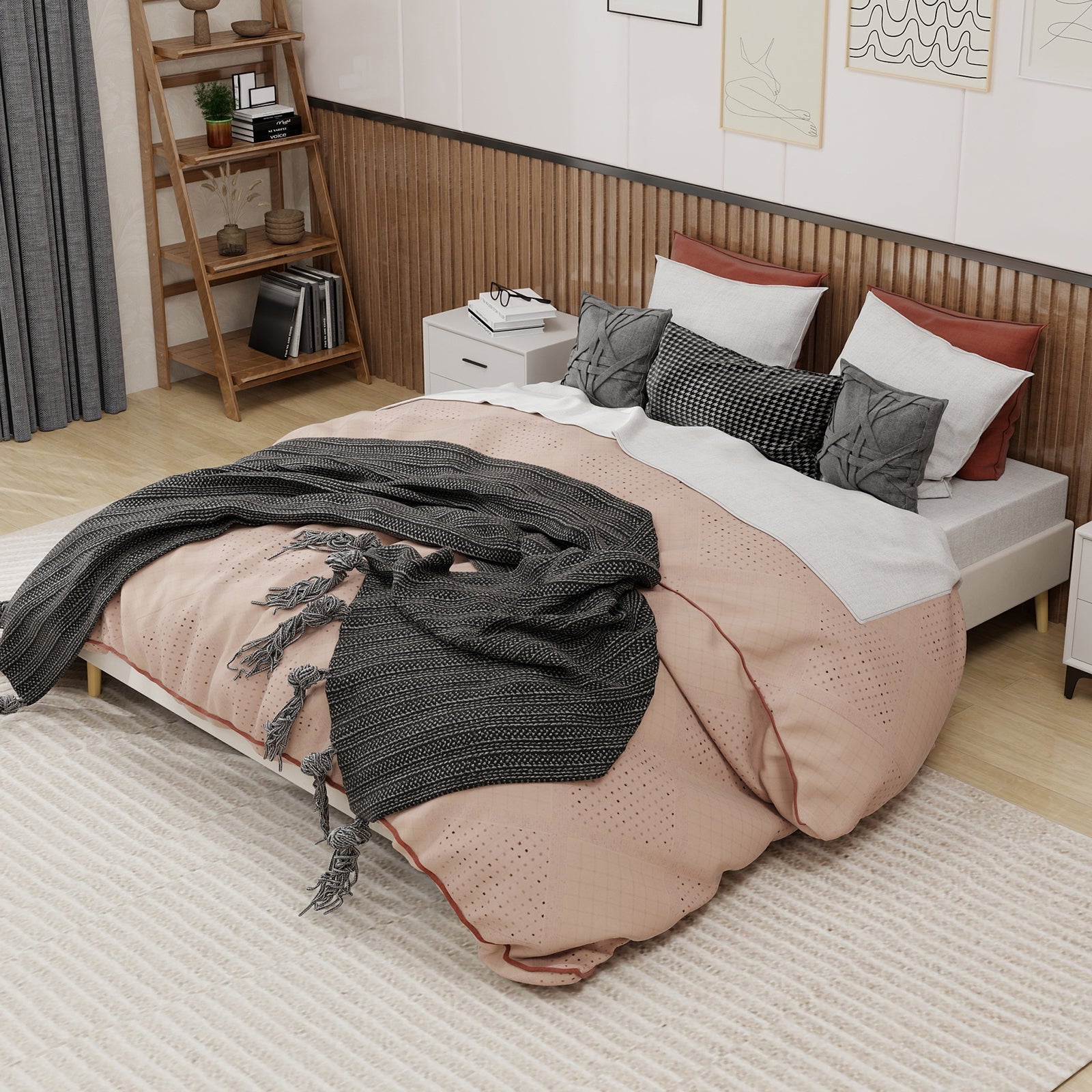 Modern Minimalist Bed Frame, 160x200CM Low Box, Dutch Velour Fabric Beige