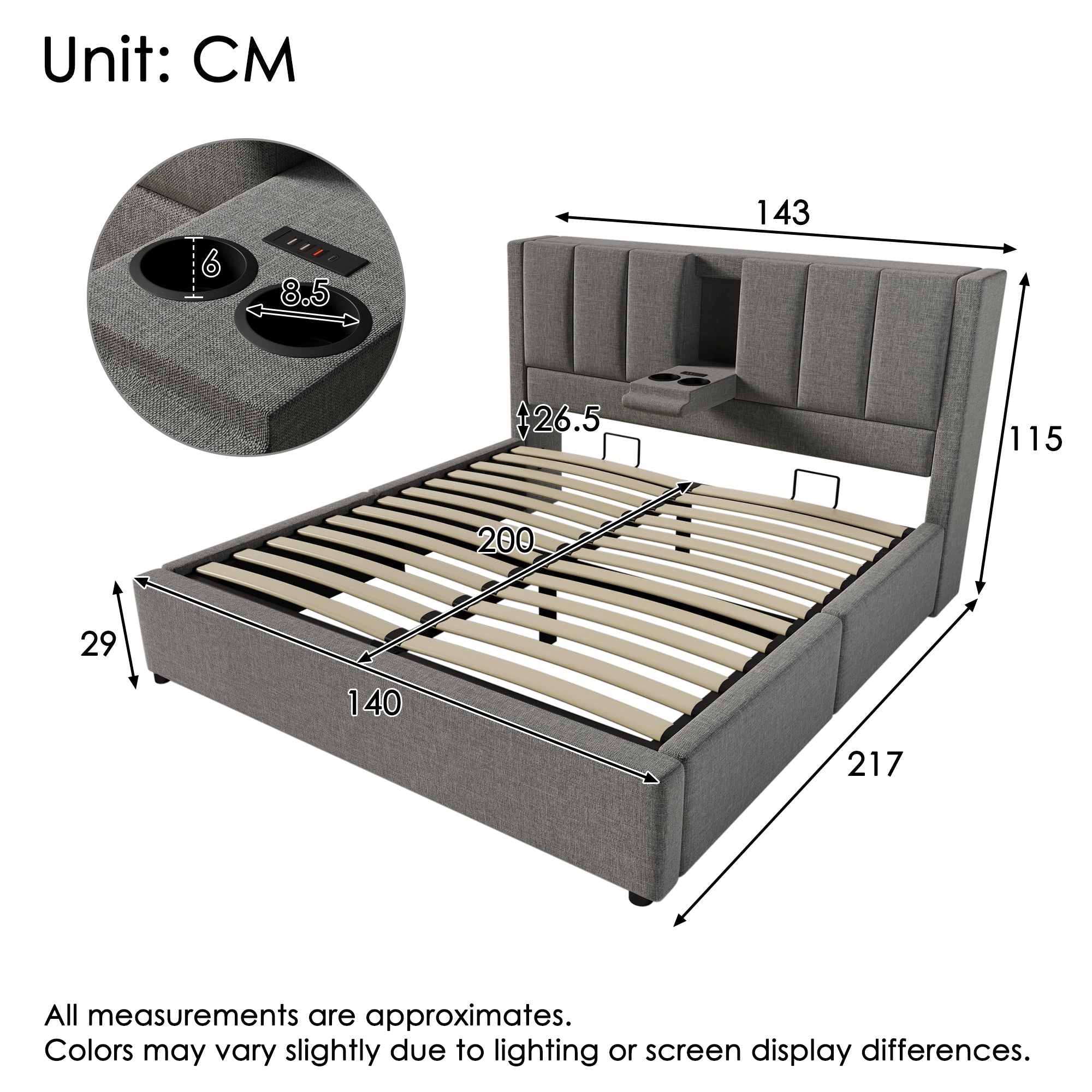 Upholstered Bed 140x200cm Hydraulic Storage with Charging Station and Cup Holder Linen Grey