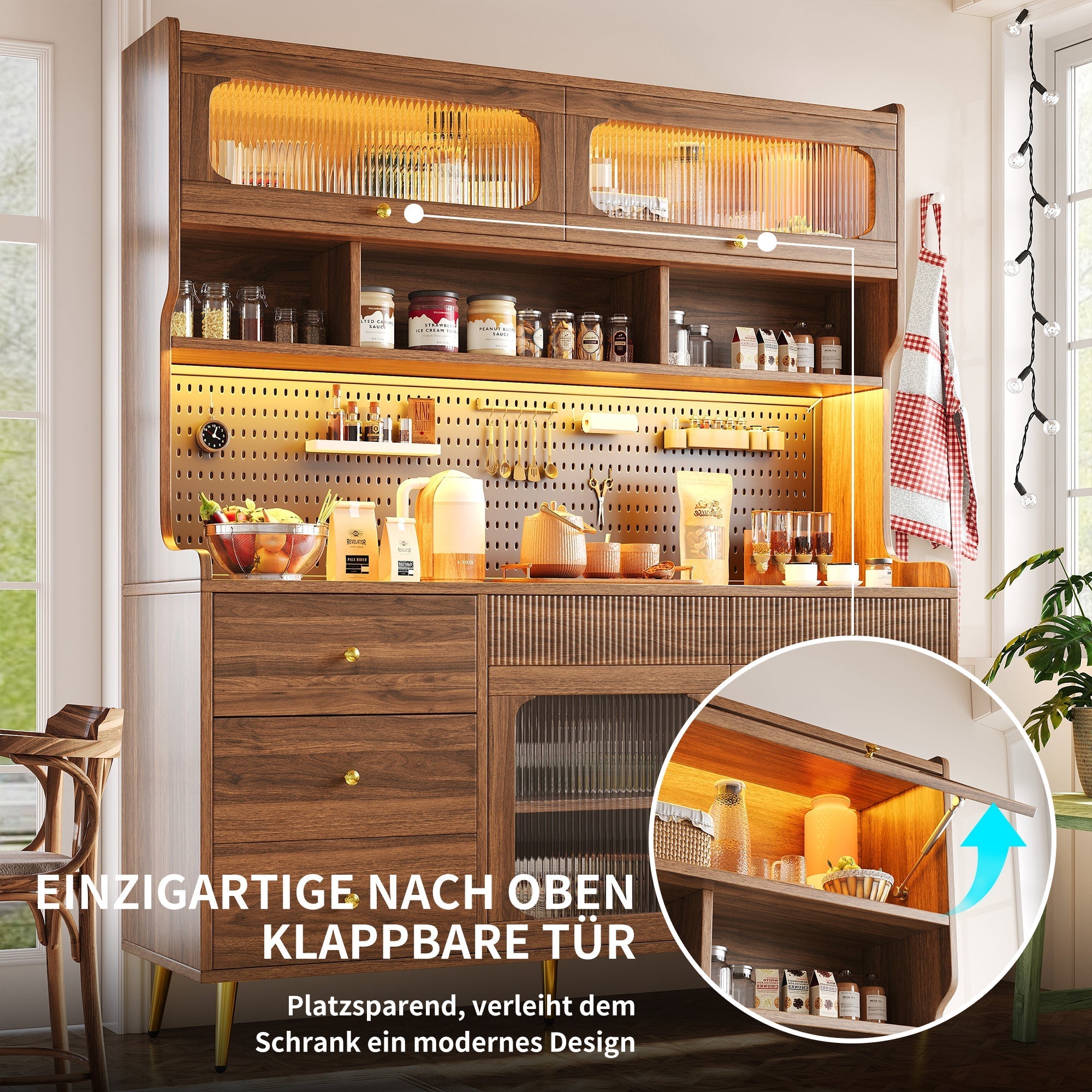 Modern Tall Sideboard 145x171cm with LED Lighting, App Control & Storage - Walnut