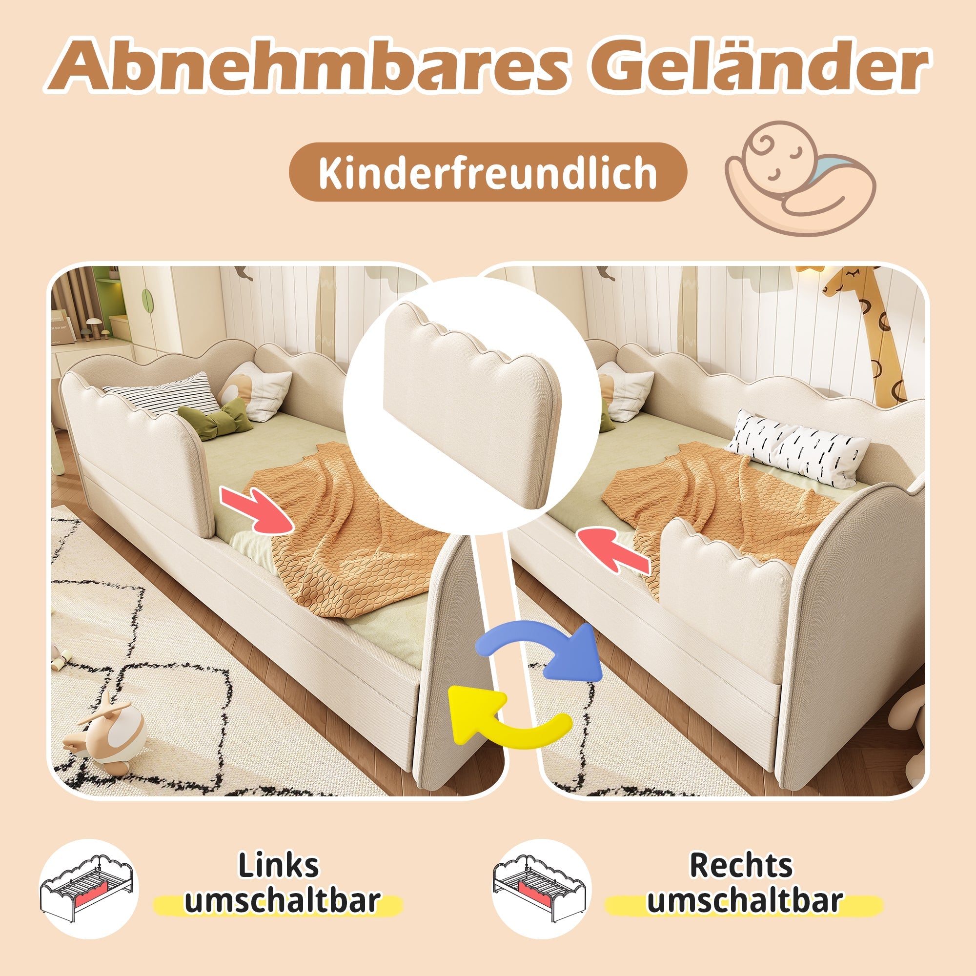 Upholstered Daybed Sofa Bed 90x190cm, Pull-out Bed Slatted Base, Linen Beige