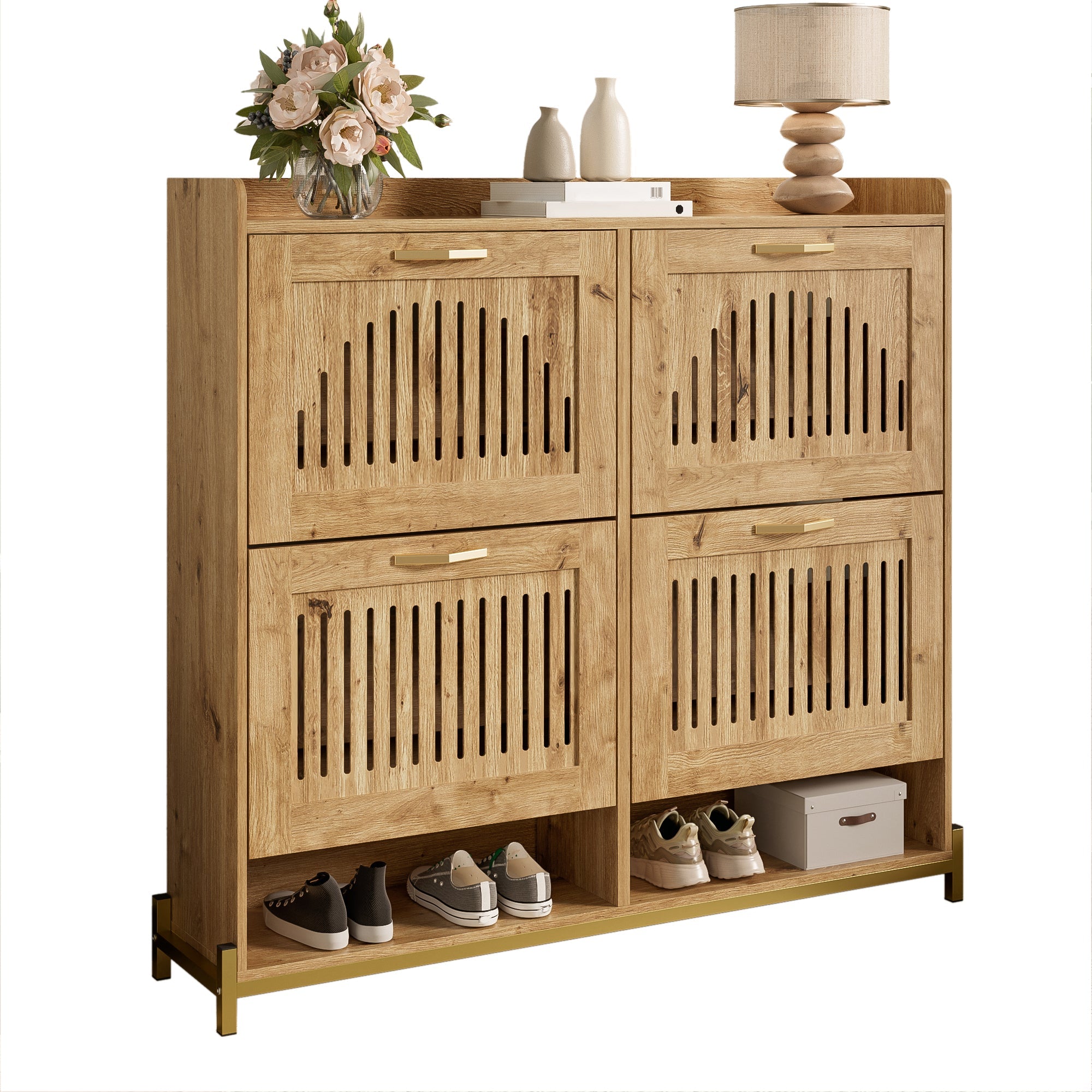 Shoe Cabinet 4 Doors, Vertical Slatted, Space-Saving with Shelf, Wood/Metal