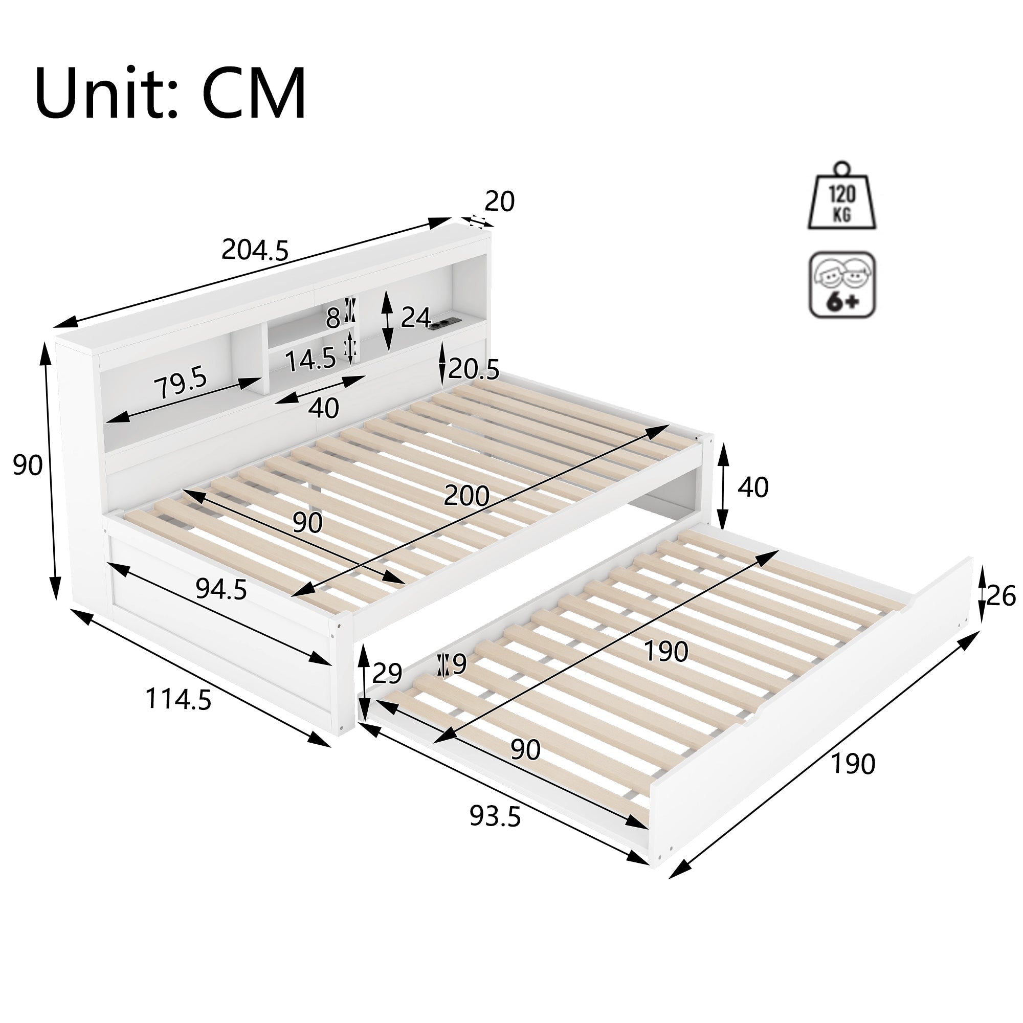 Daybed Sofa Bed 90x200cm Pull-out LED Storage USB/Power - White