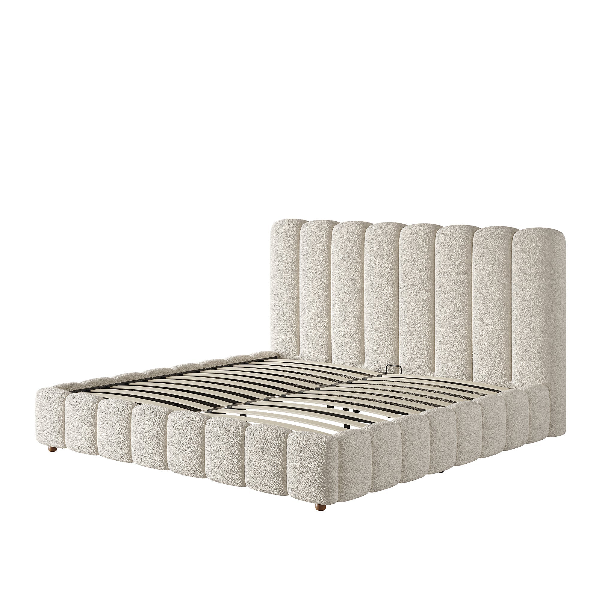 Upholstered Double Bed with Hydraulic Storage and Slatted Frame, 160x200cm, White Bouclé