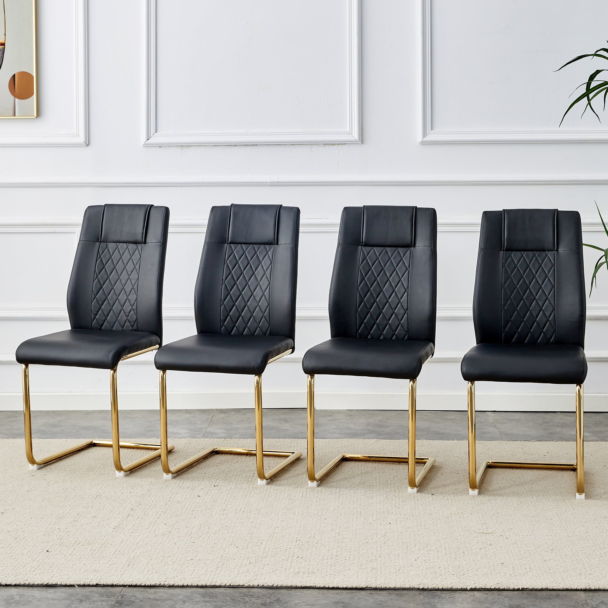 Scandinavian Dining Chairs Set of 4 Mesh Back Gold Metal Legs - Black PU Leather
