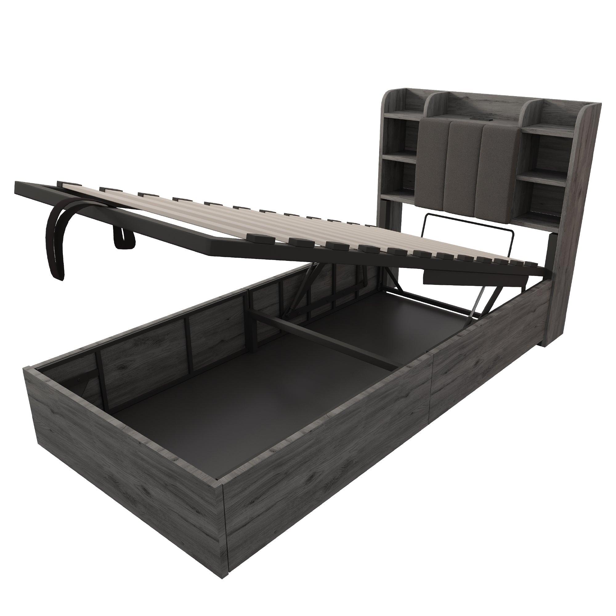 Wooden Bed, 90x200 cm Hydraulic with Storage & USB/Type-C, Grey