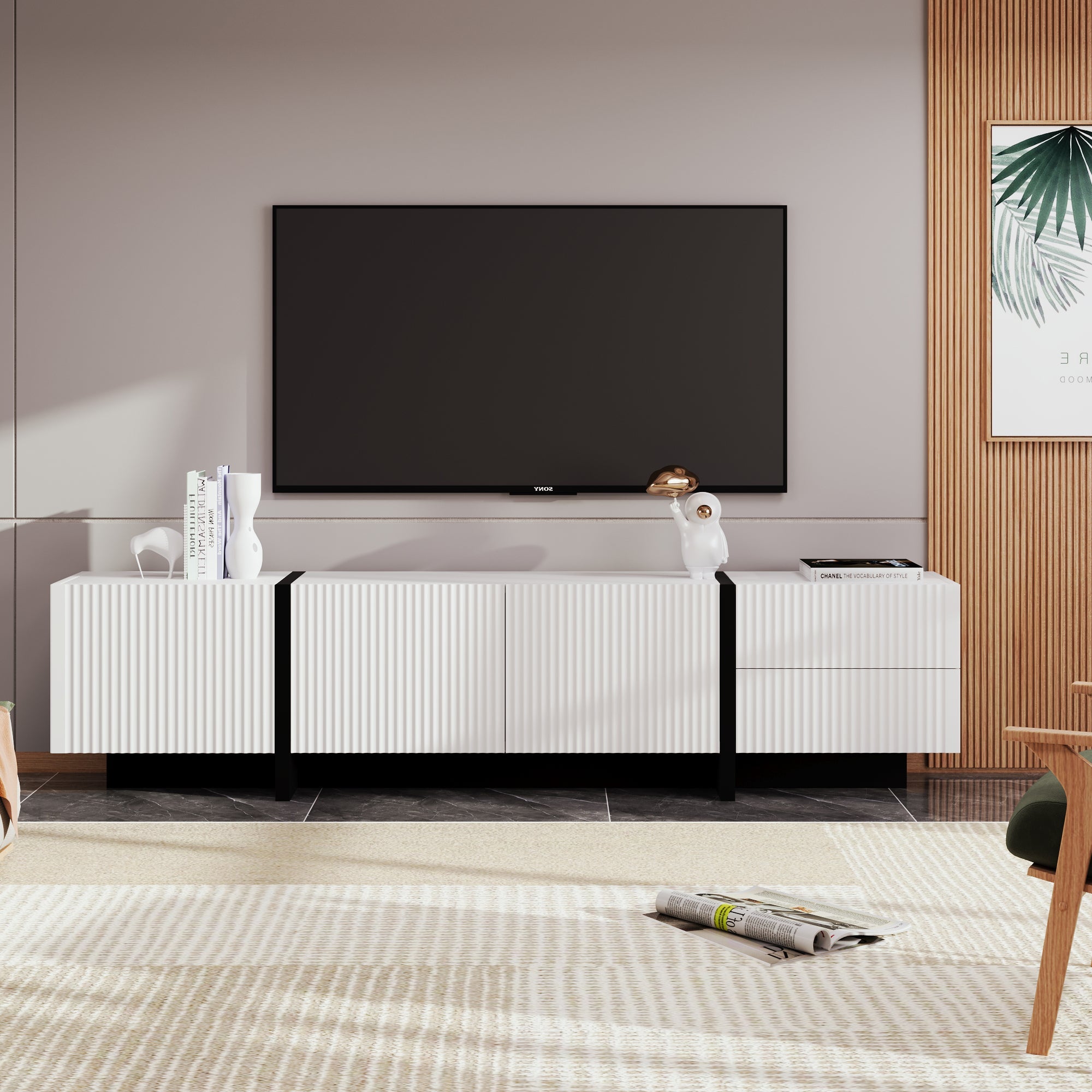 TV Cabinet, 190 cm with 3 Doors & 2 Drawers, White + Black