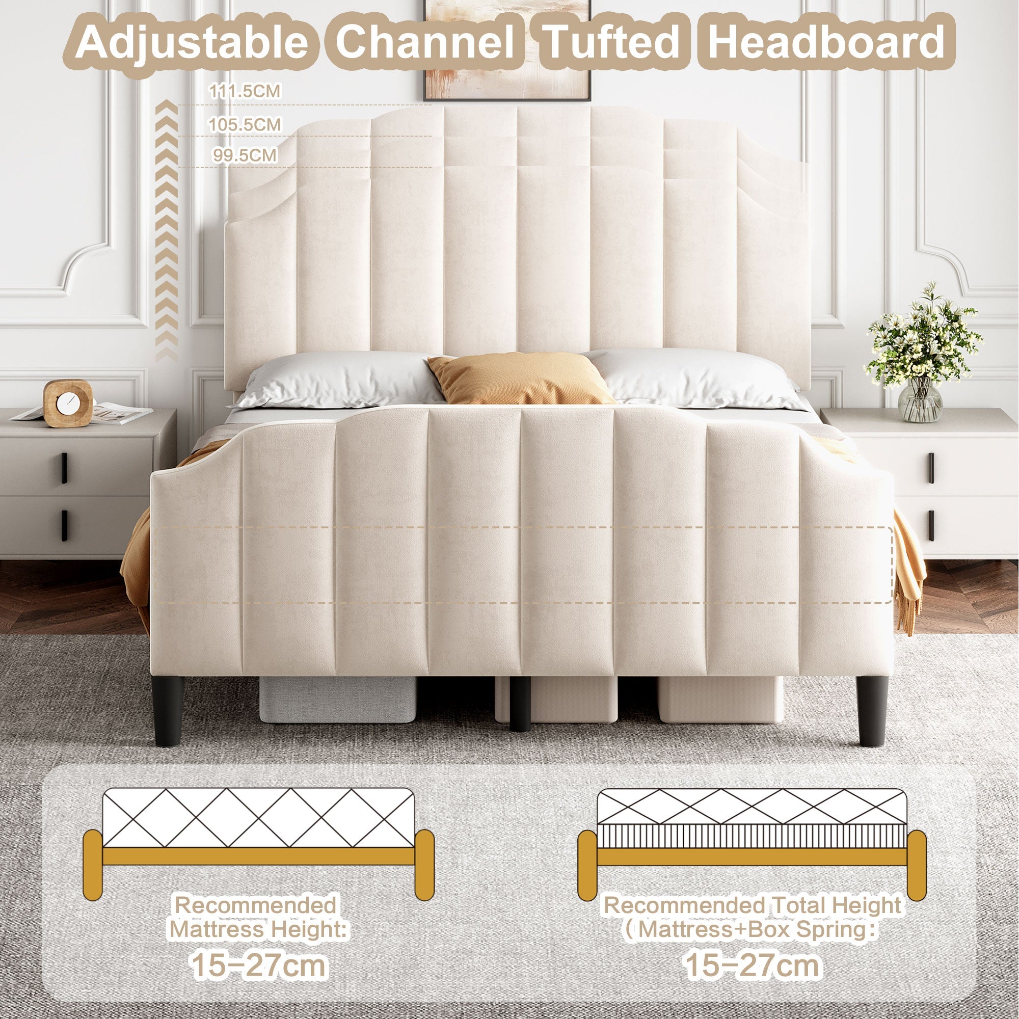 4ft6 Double Upholstered Bed Frame with Adjustable Channel-Tufted Headboard and Solid Wood Slat, Velvet Beige