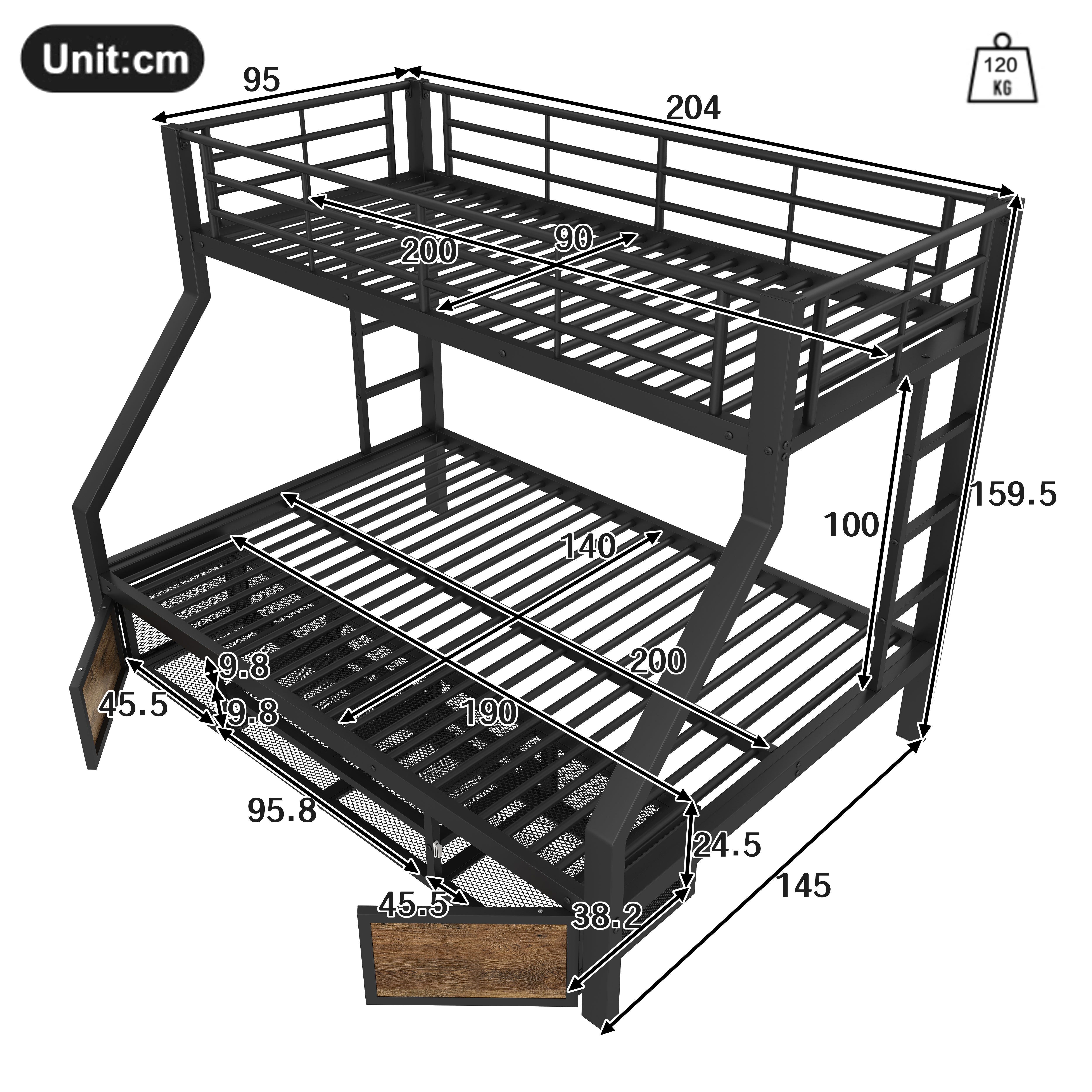Bunk Bed for Children with Shoe Rack, Storage Compartments and Safety Rails, Black