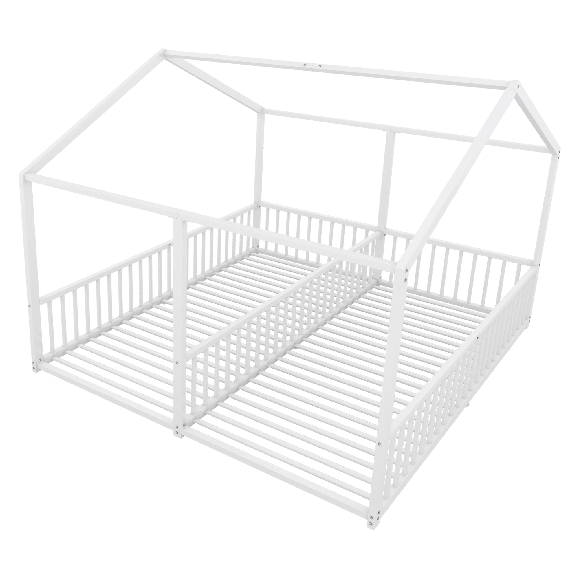 Metal Children's Bed 90x200cm House Design Railing Ladder - White