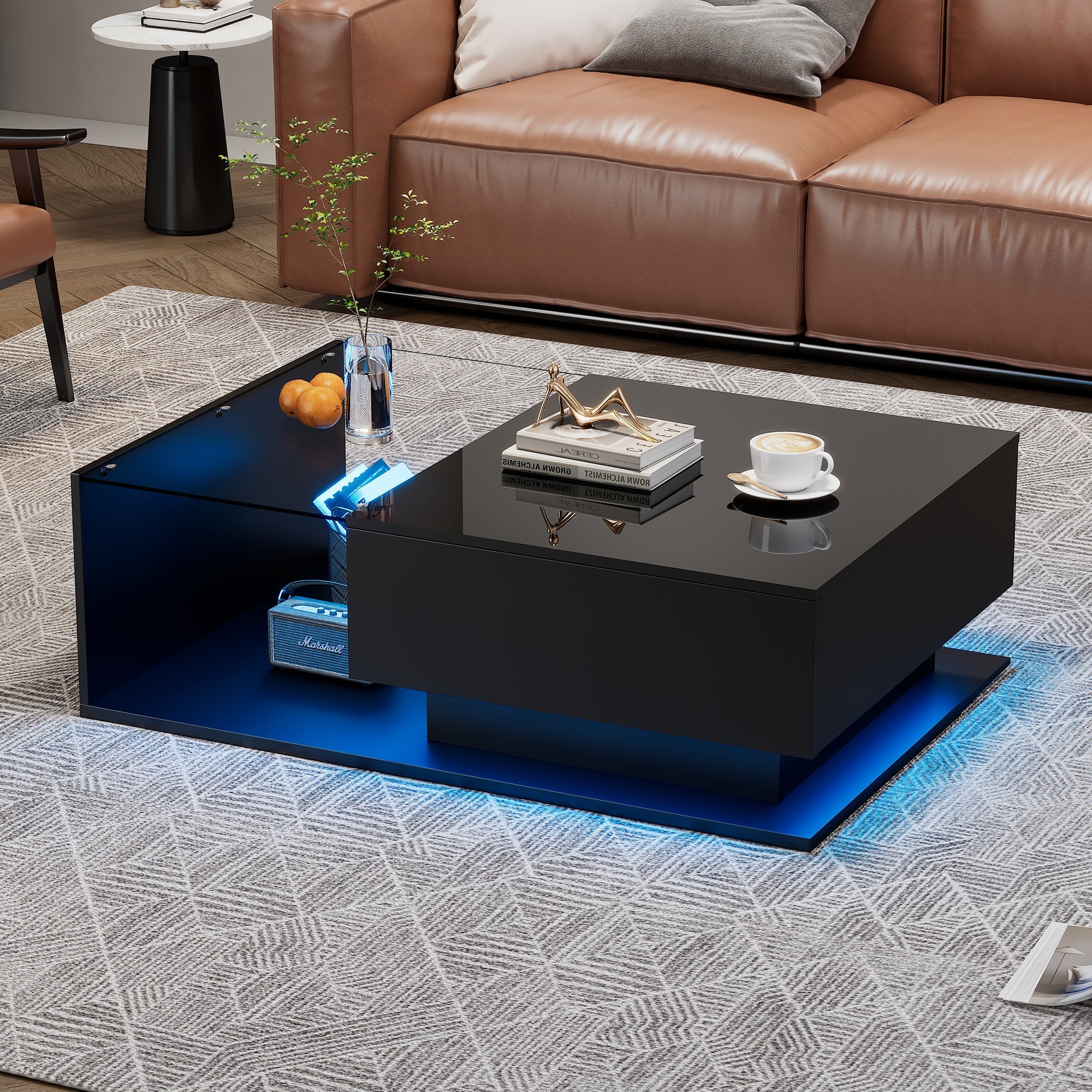 LED Coffee Table, Modern High Gloss Coffee Table, Center Table with Glass, Modern Coffee Table for Living Room with Drawer (Black)