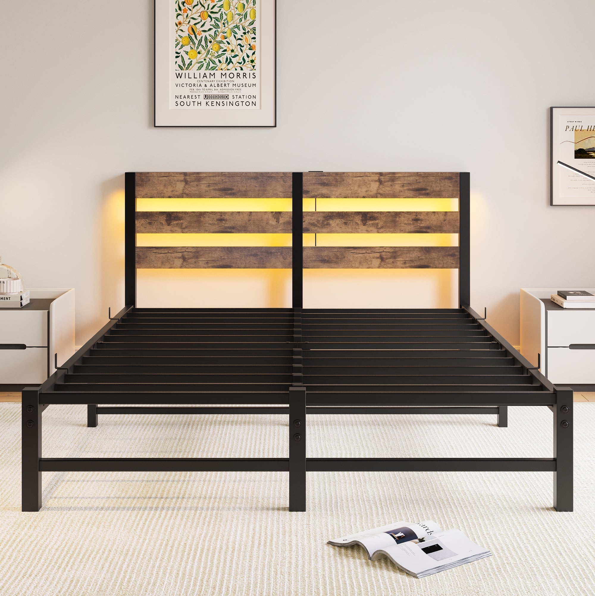 Metal Bed Frame 140x200cm, LED Lighting USB Charging Station Under-Bed Storage, Metal