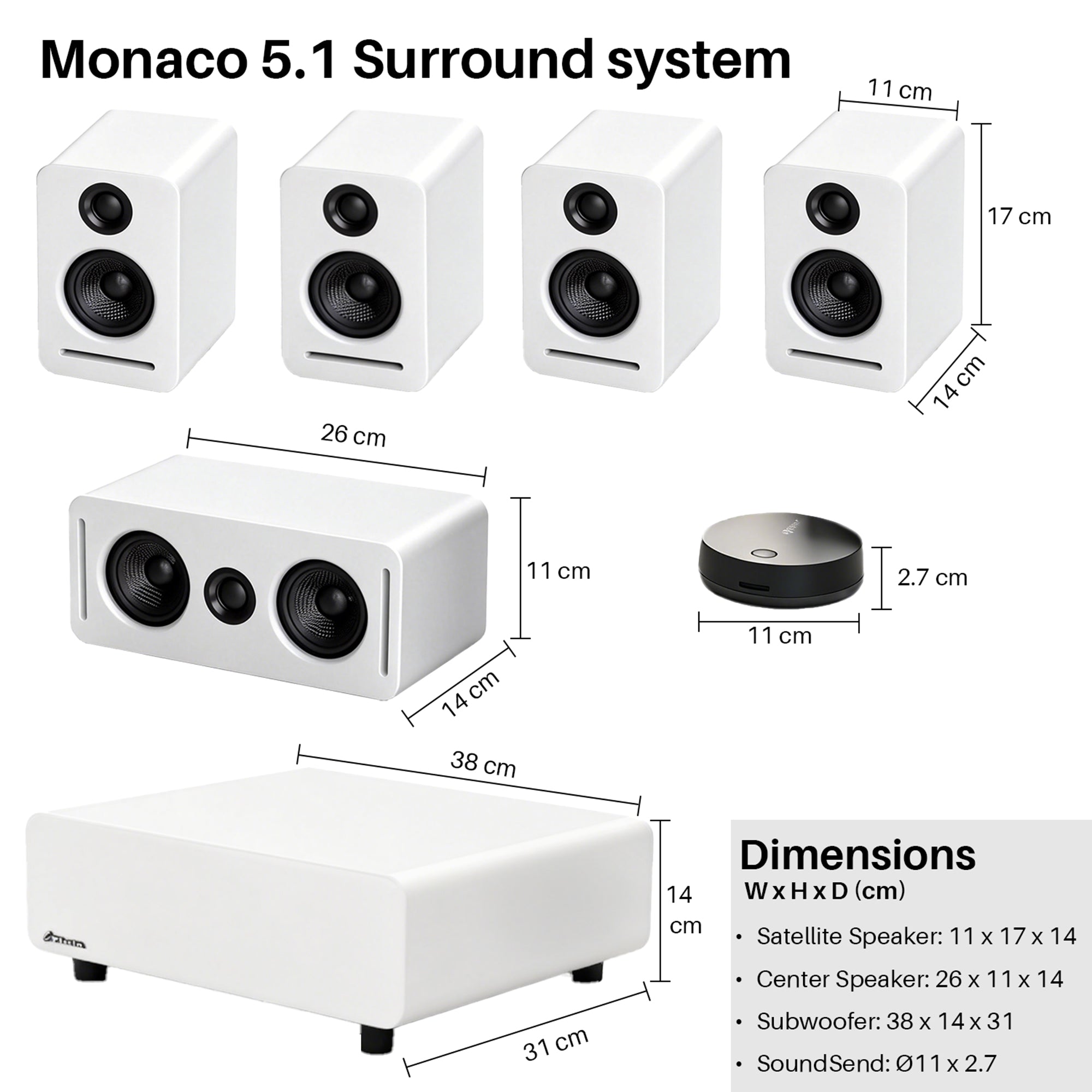 5.1 Wireless Home Cinema System Dolby Atmos WISA Low Latency Monaco Surround Set - White