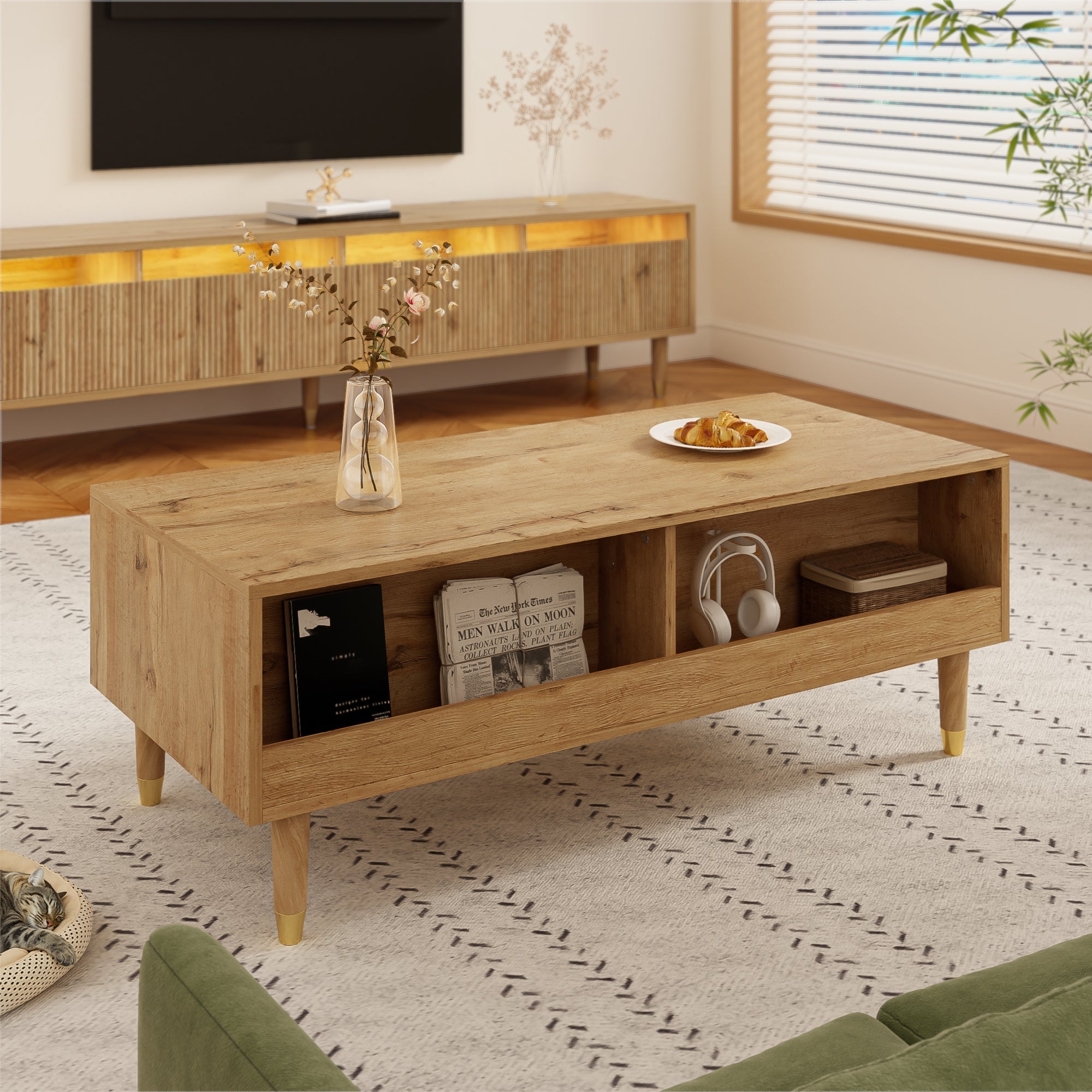 LED coffee table with wavy drawer top, two drawers, gold-wood