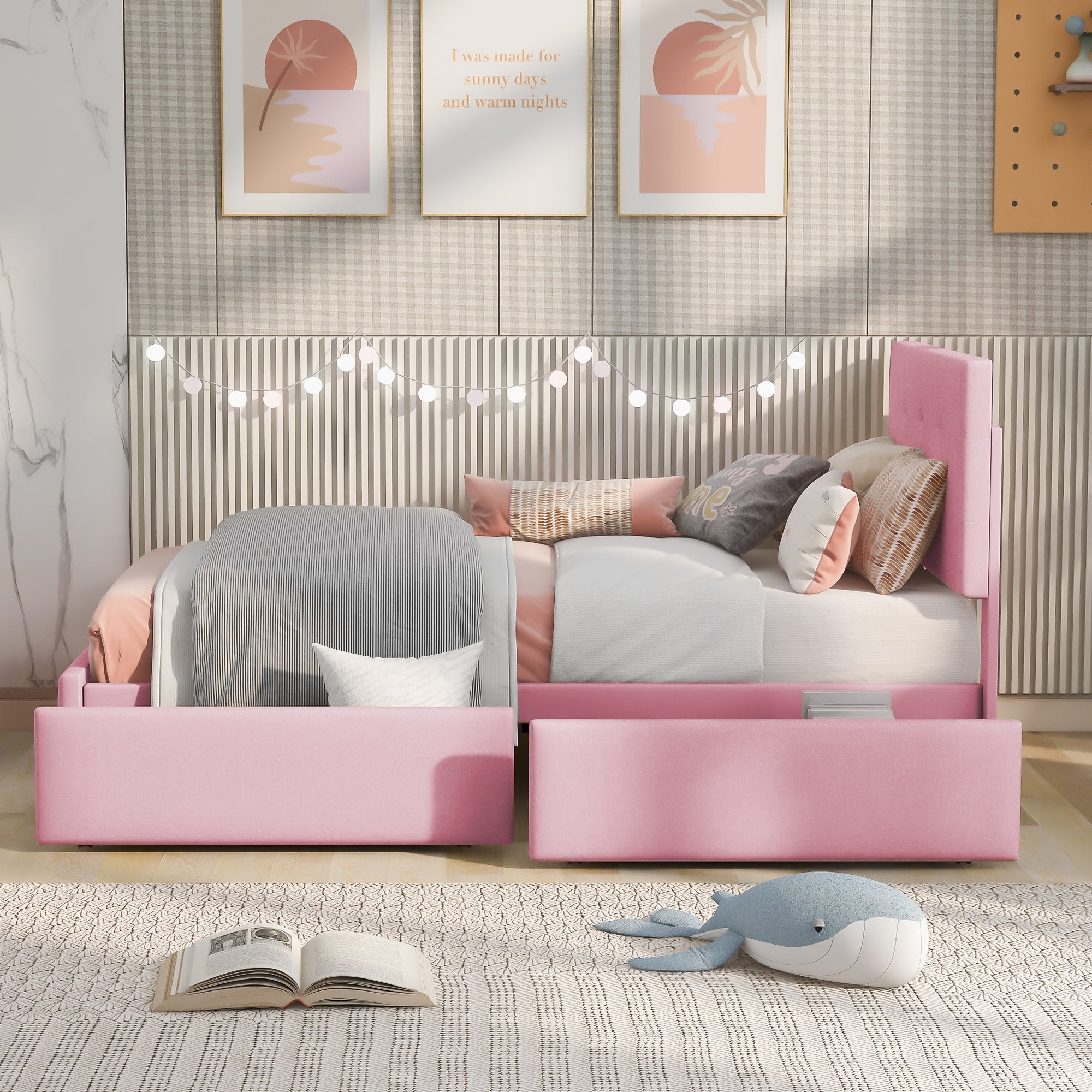 Upholstered Bed 90x200cm, Slatted Frame, Backrest & 2 Drawers, Pink Velvet