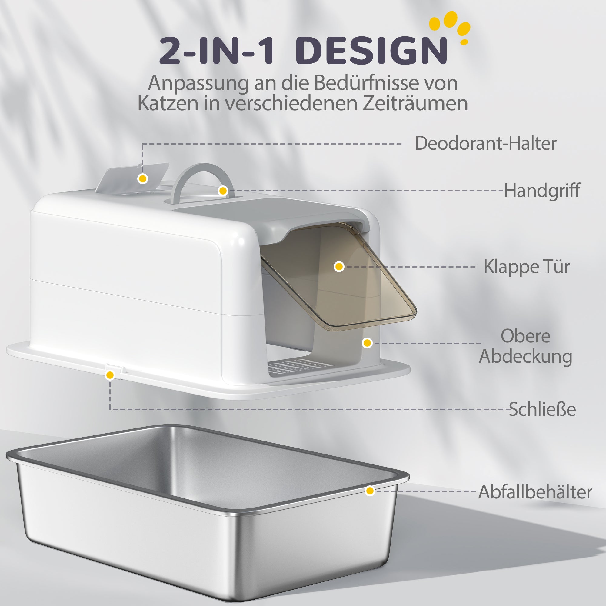 Katzentoilette mit Deckel, eingebautem Filter, Edelstahl, Weiß