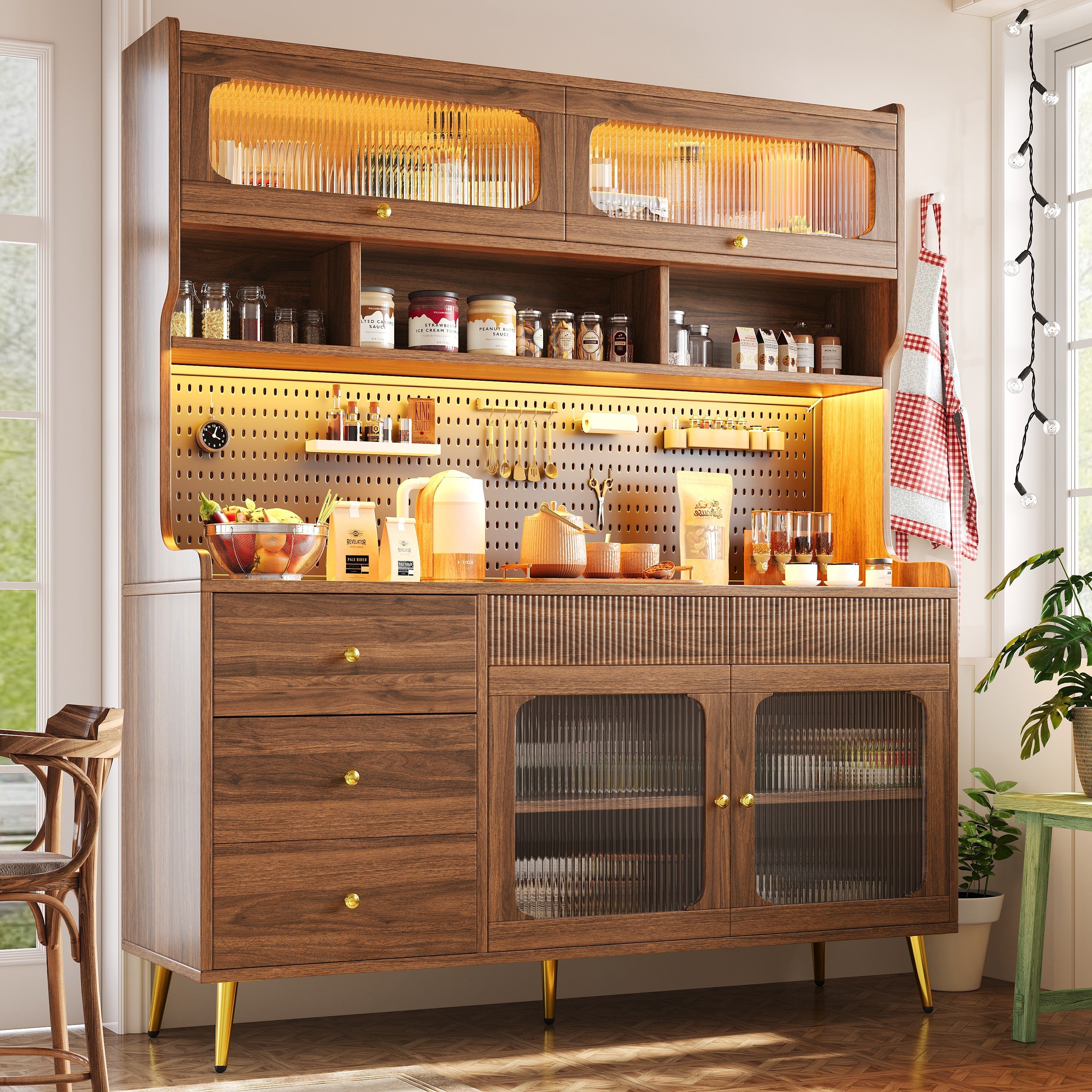 Modern Tall Sideboard 145x171cm with LED Lighting, App Control & Storage - Walnut