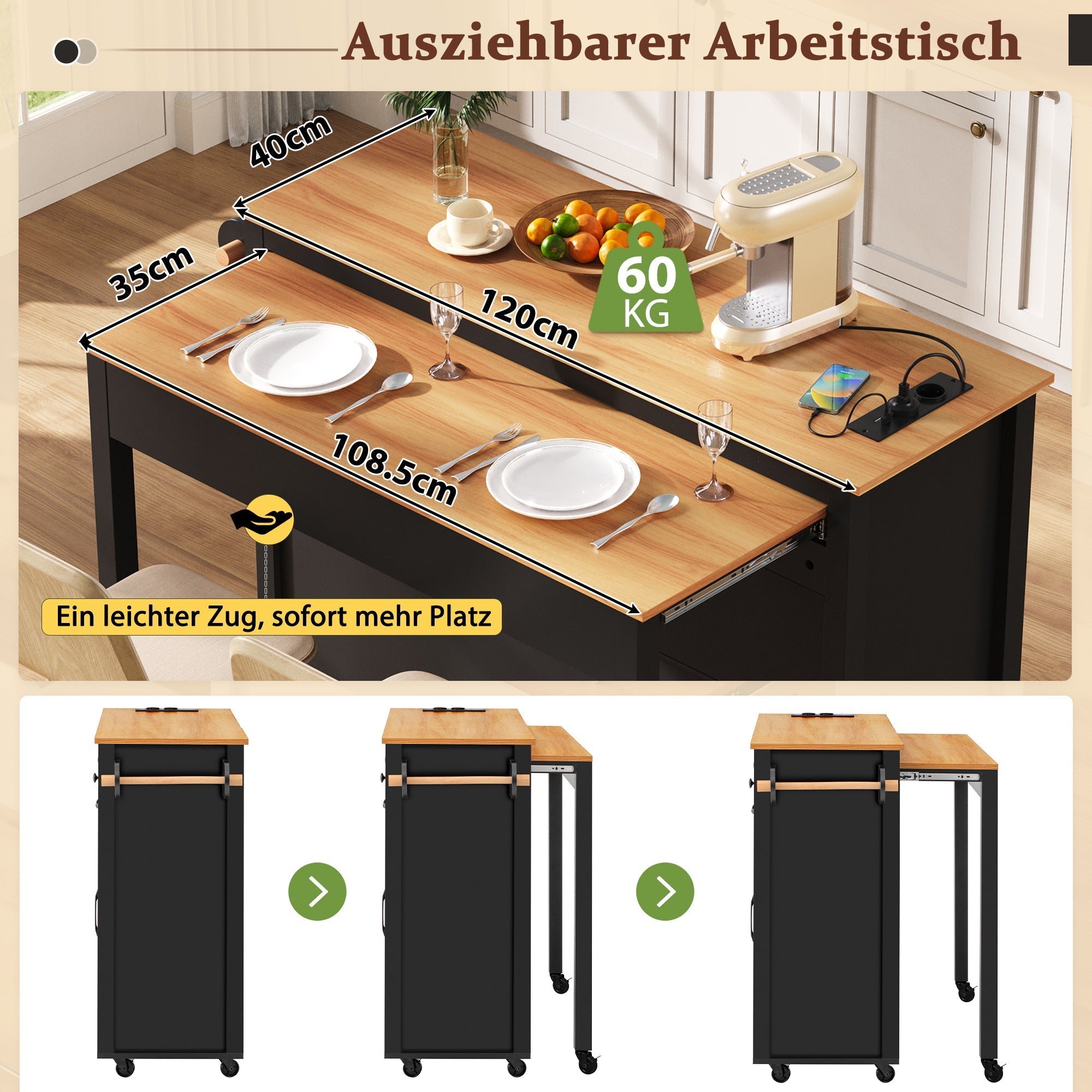 Kitchen Island Mobile Extendable Dining Worktop Waste Bin Power Strips - Black