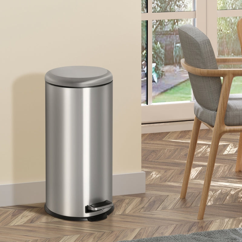 Pedal Bin 30L Inner Bucket Hinged Lid, Stainless Steel Silver