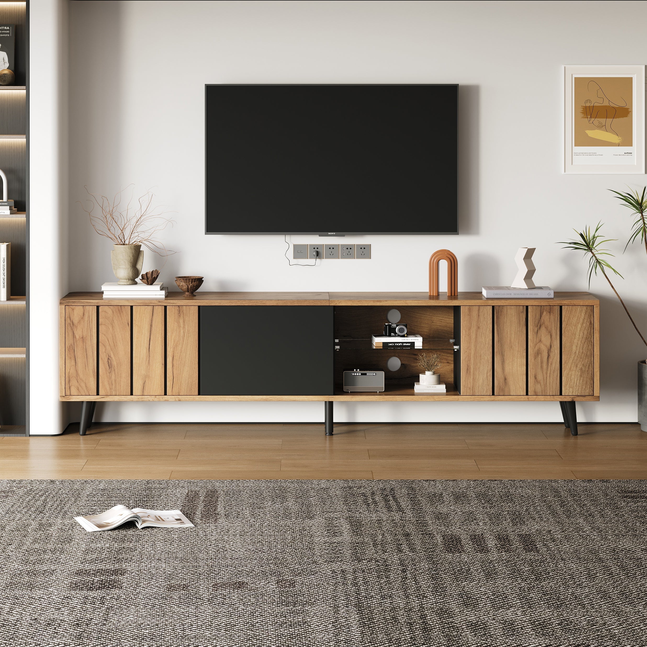 Lowboard TV Cabinet 175x31.5x45cm for 75-inch TVs with 3 Cabinets Wood Black