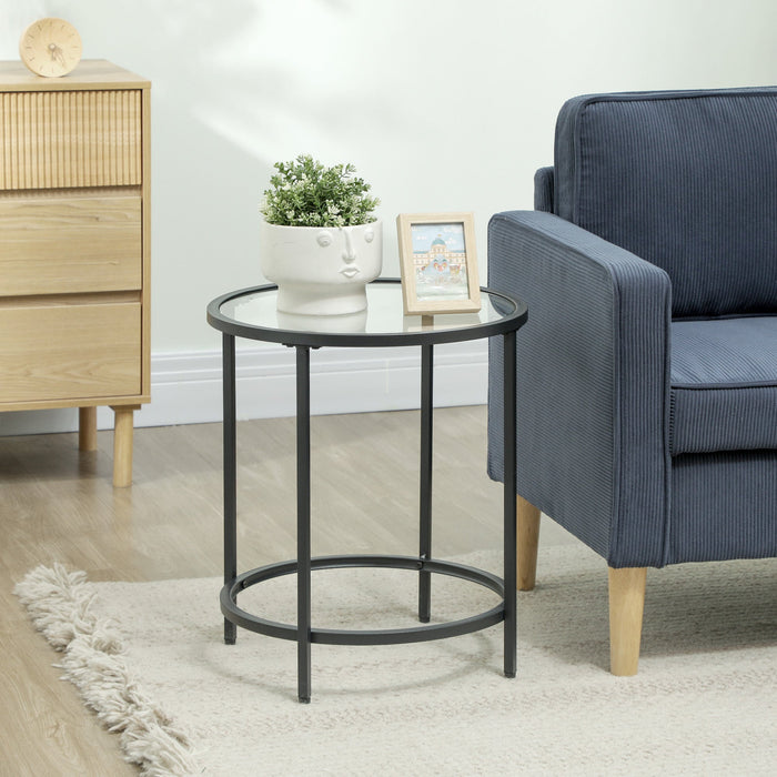 Round Side Coffee Table, Glass Top Nightstand Metal Frame, Black