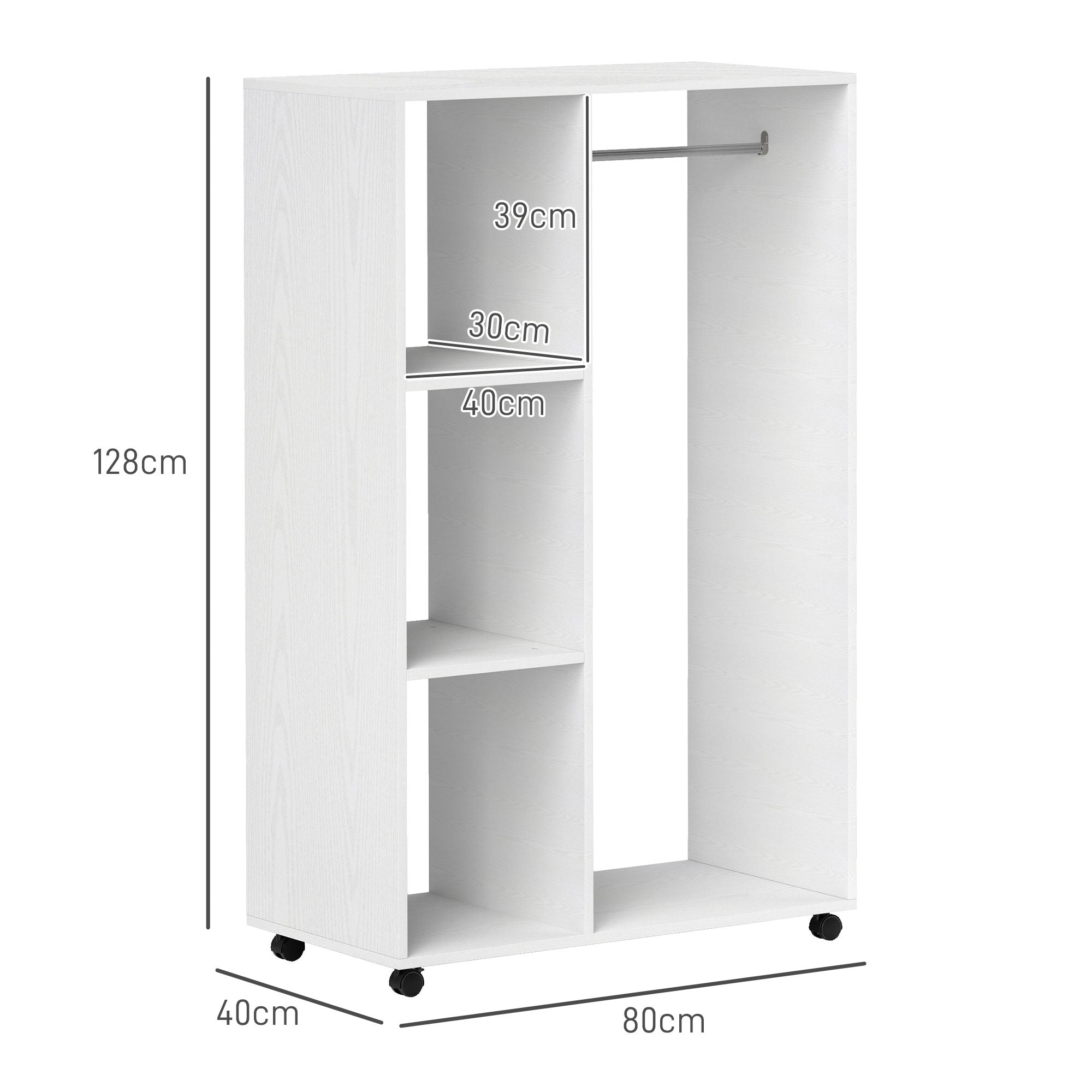 Wardrobe on Wheels, 1 Clothes Rail 3 Shelves Mobile Clothes Rack 80x40x128 cm, White
