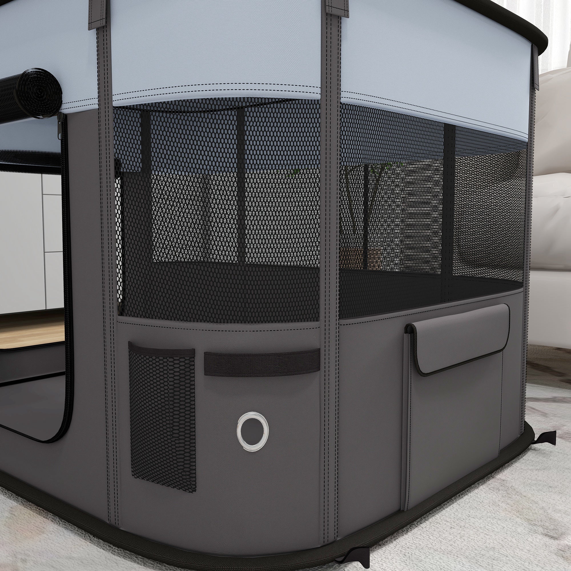 Puppy Playpen, Foldable Breathable Mesh, Grey