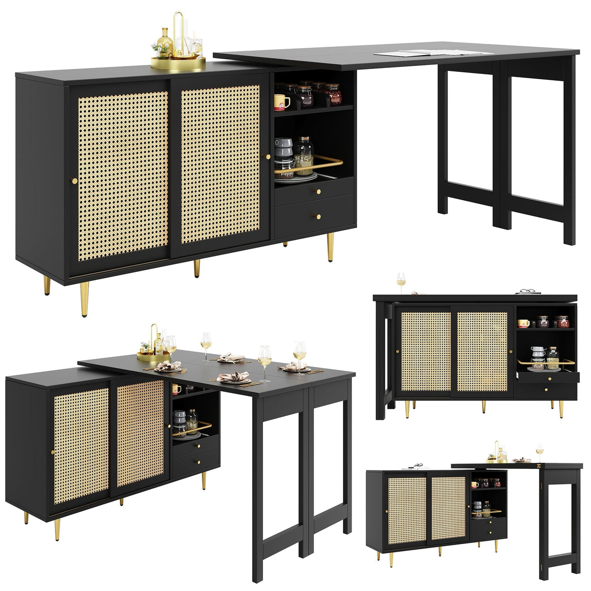 360° Rotating Bar Table Extendable Rattan Storage Cabinet Black