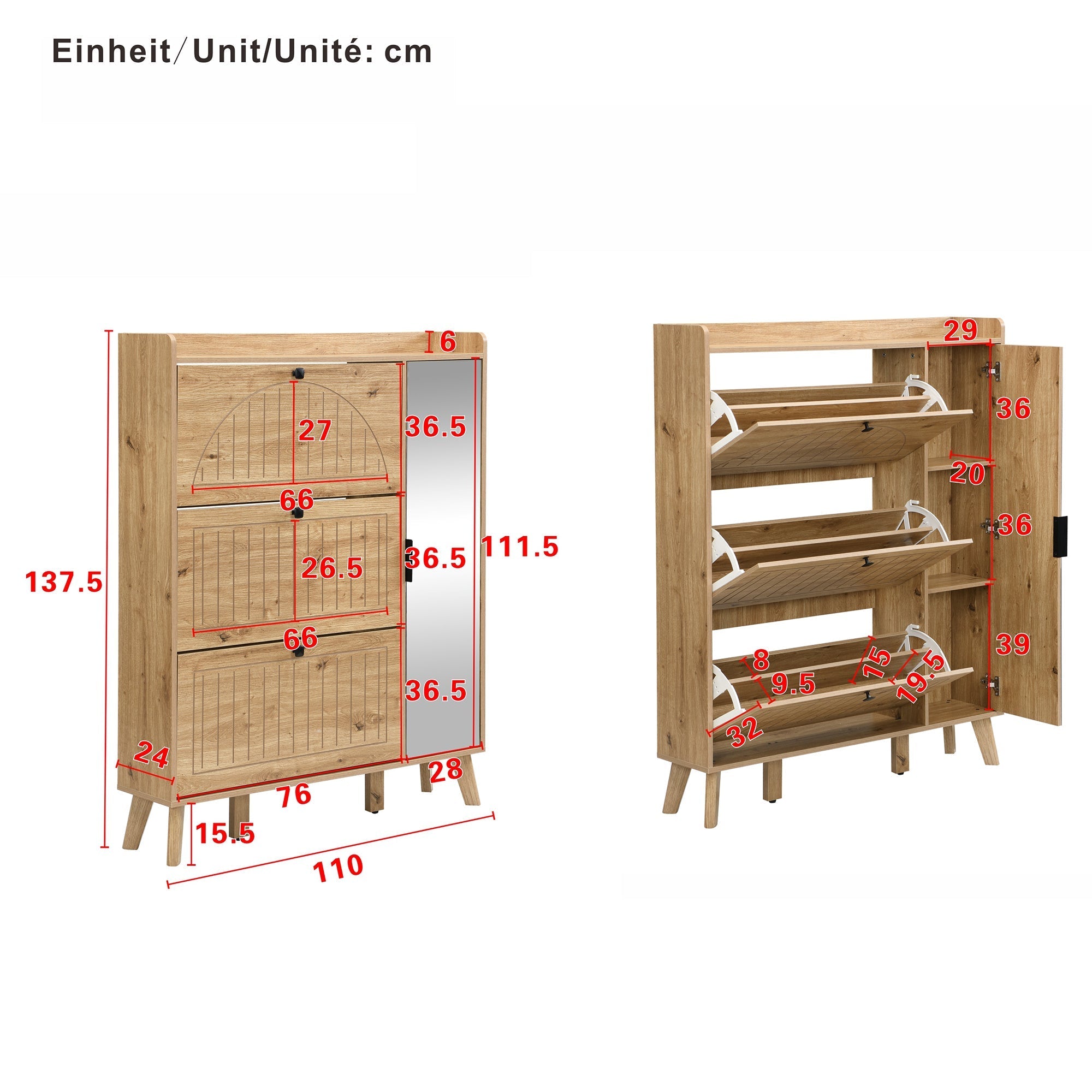 Modern Shoe Cabinet Mirror 3 Flap Doors 110x24x137.5cm