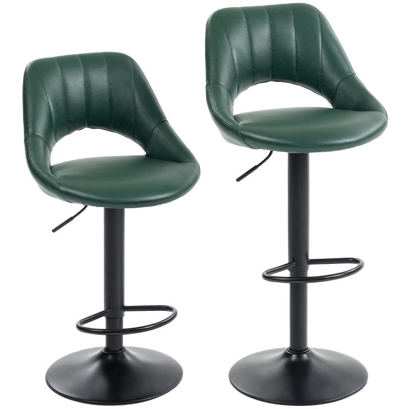Set of Two Bar Stools Adjustable Height 360° Swivel Faux Leather Dark Green
