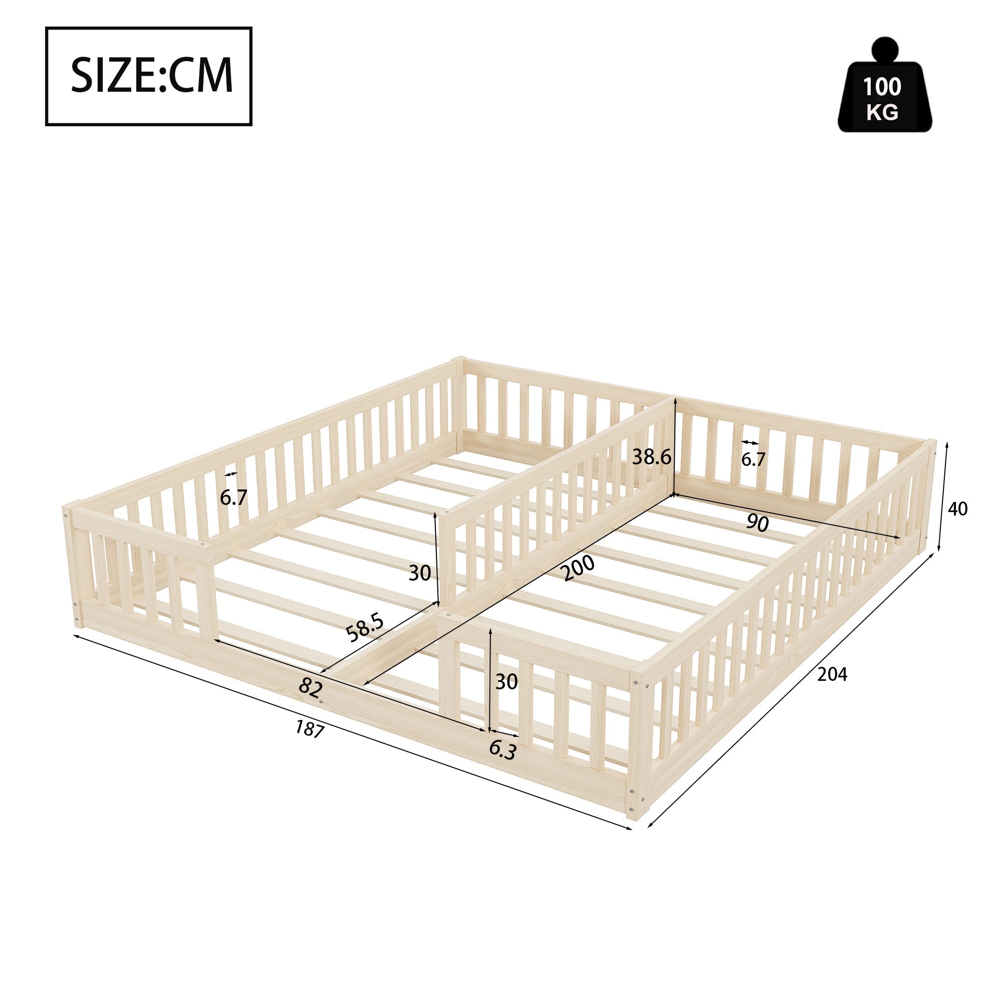 Panel Bed with Guardrails and Slatted Base, 90 x 200 cm, Pine Wood Natural