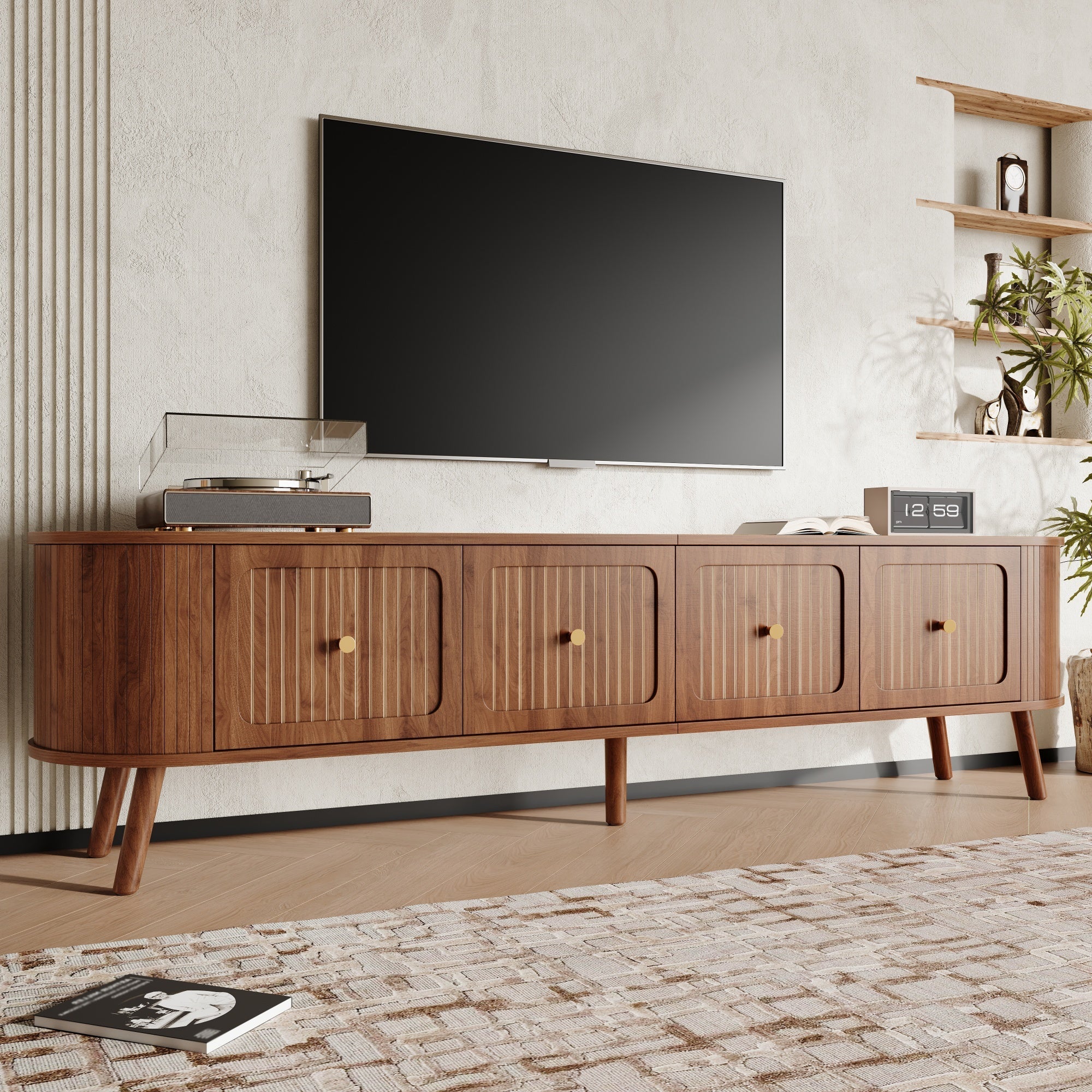 TV Stand Modern Low 4 Cabinet Doors Gold Handles 180cm