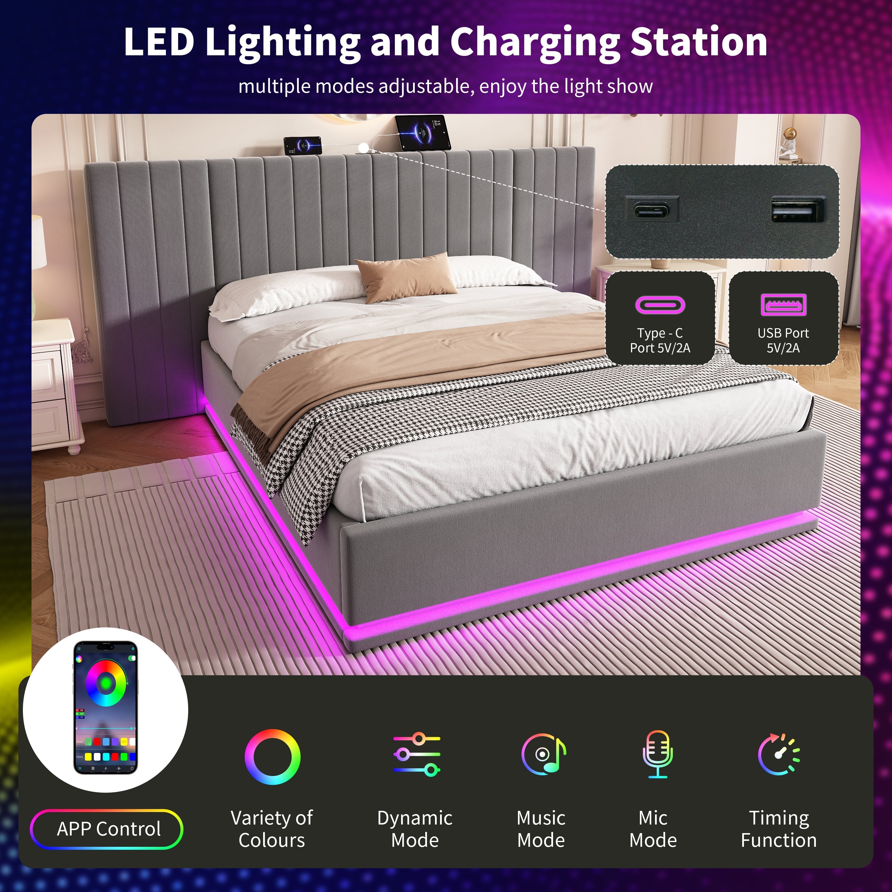 King Ottoman Bed with LED Storage and Charging Station, Velvet Grey