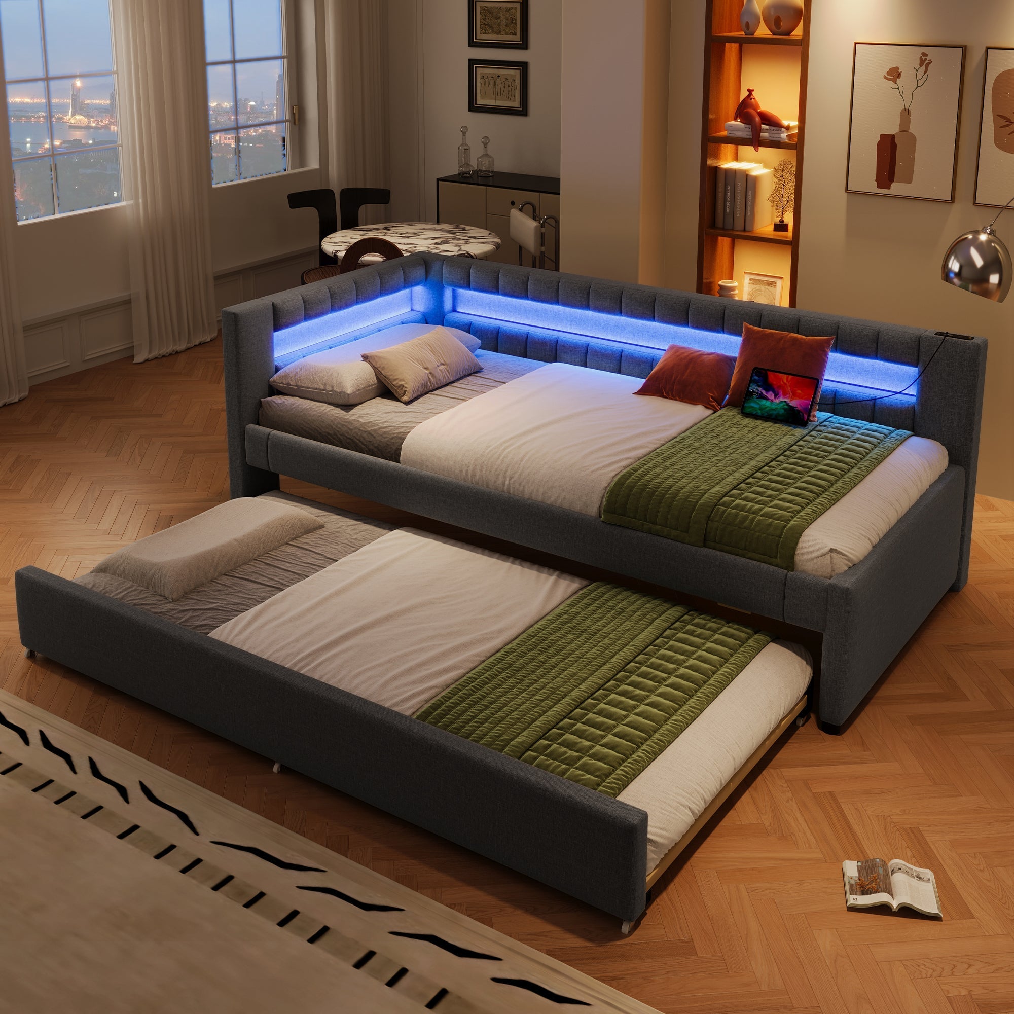 Daybed Sofa Bed 90x200cm Pull-out Bed LED Light USB/Type-C - Linen Grey
