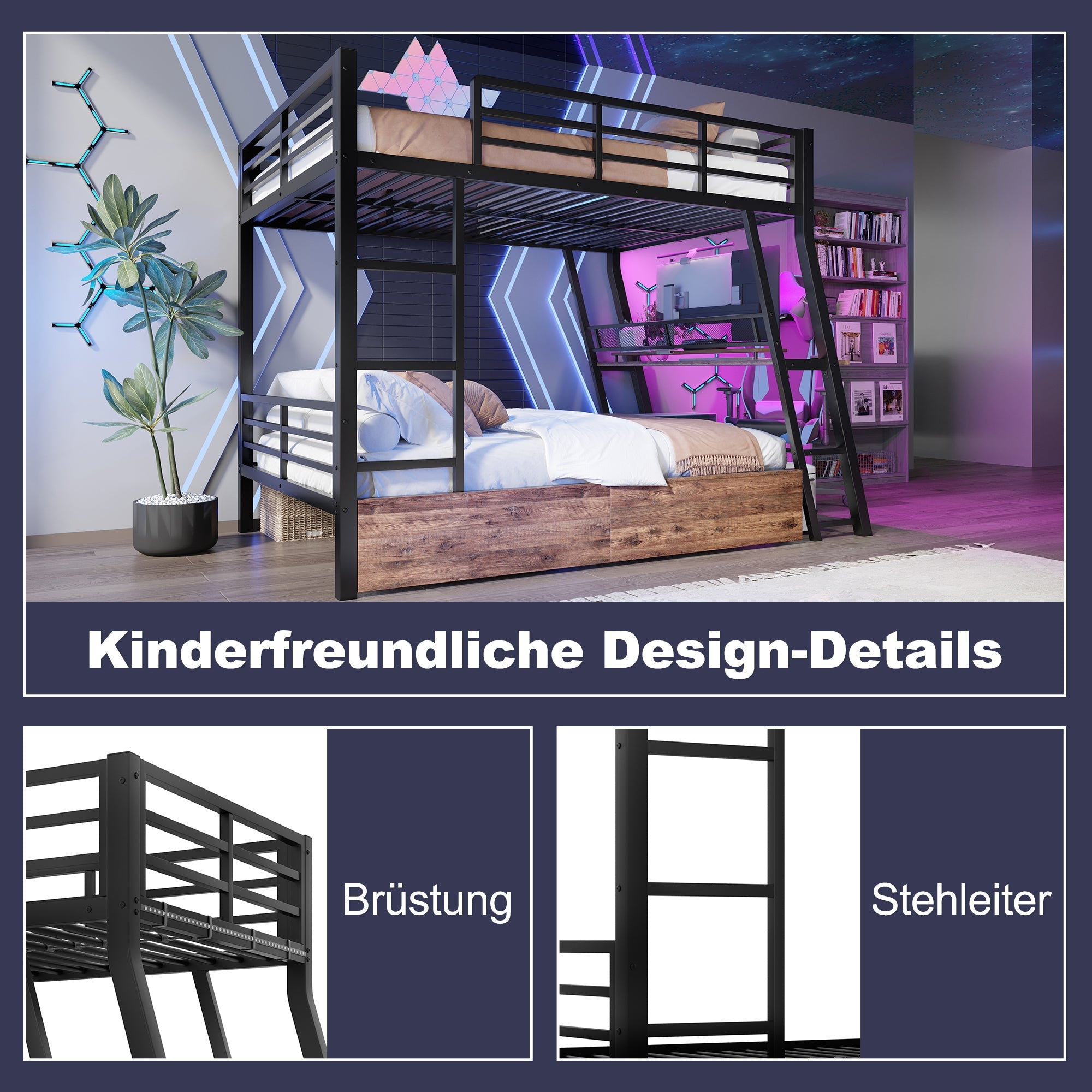 Loft Bed with Desk, LED Strip and Storage Drawers, Black Iron Frame