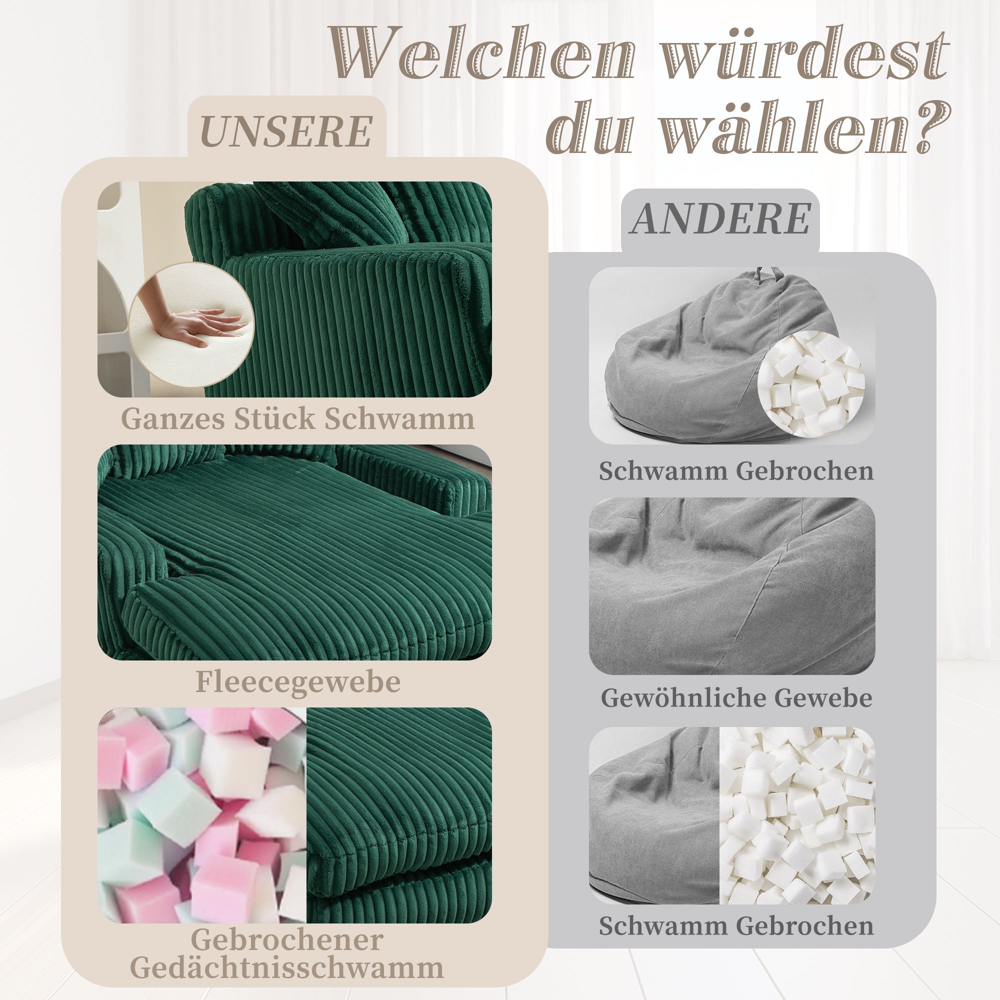 Sofa Bed, Cloud Couch with 3 Soft Pillows, Single Seat, Corduroy Emerald