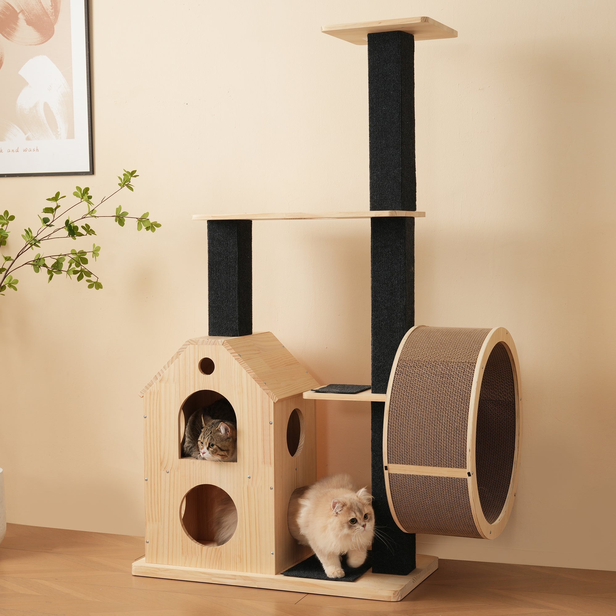 Solid Wood Cat Tree with Exercise Wheel, 4 Platforms, 2 Houses, Sisal Posts, 80×40×152 cm