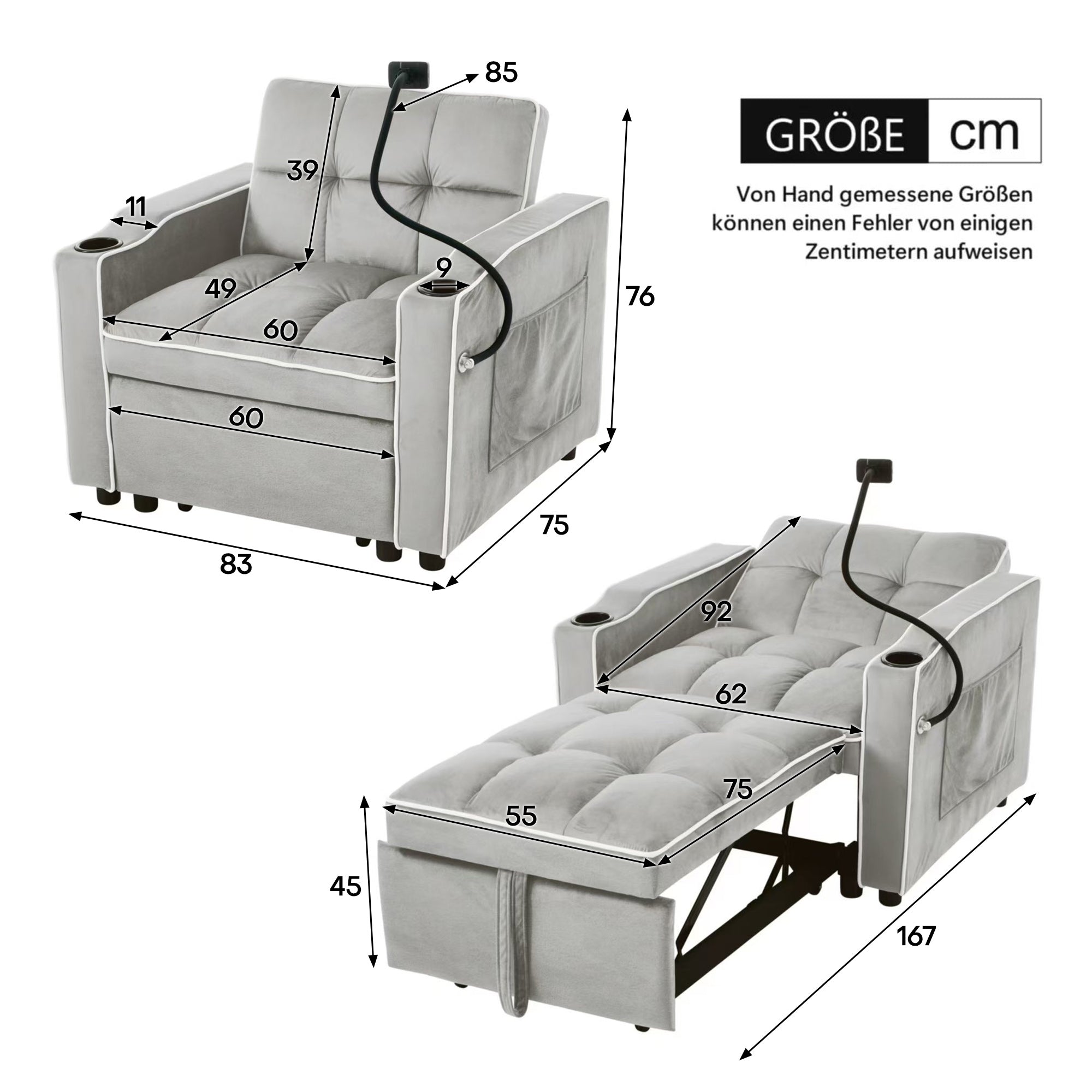 3-in-1 Extendable Single Sleeper Sofa with Cup/Phone Holders, Perfect for Small Spaces