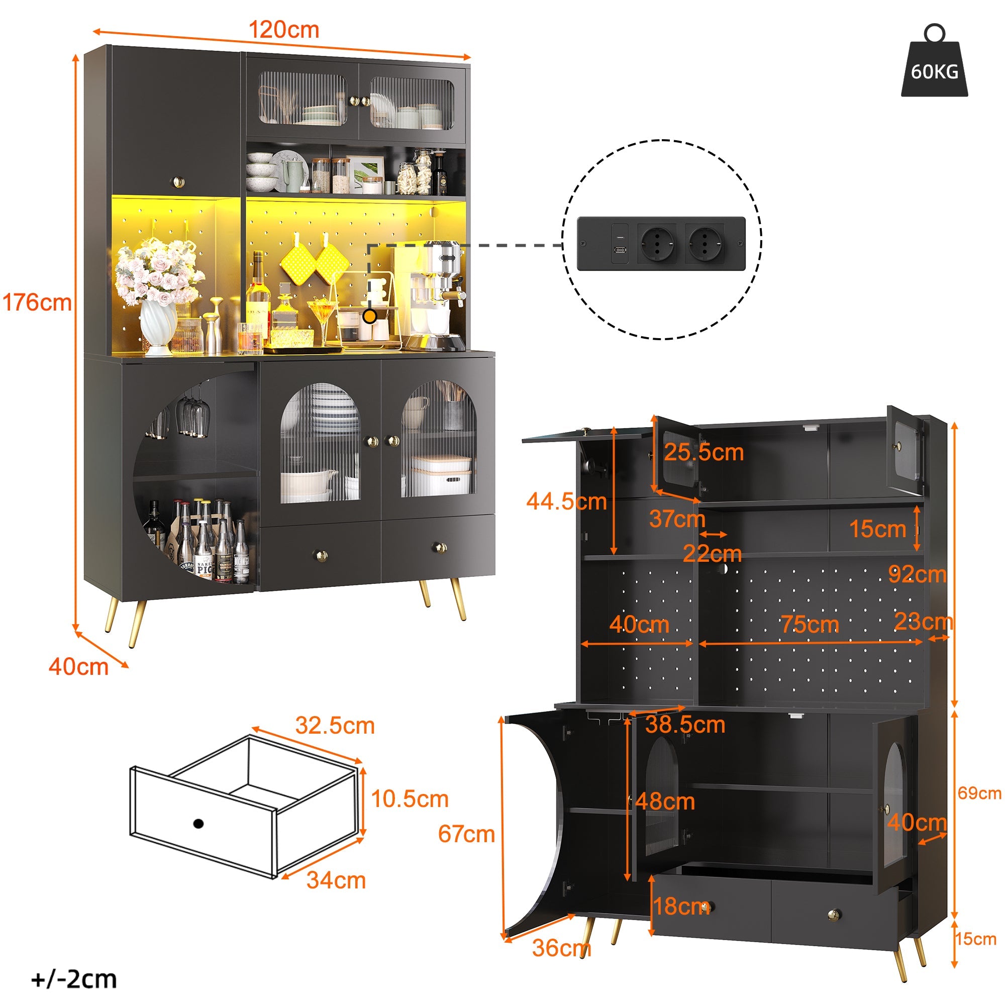Modern Sideboard with LED Lighting, USB Ports and Sockets, Black